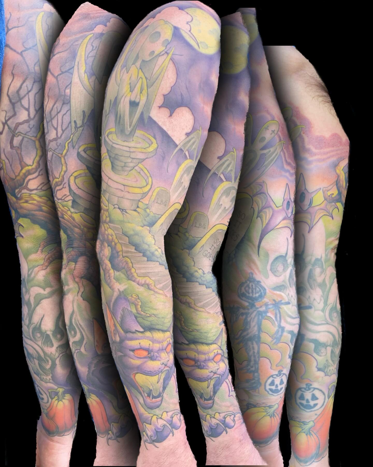 Halloween-themed sleeve new school tattoo by Kyle Kozek, Columbus, Ohio