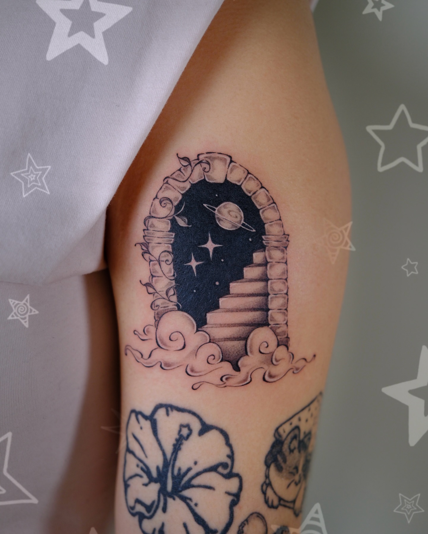 Stairway to stars realism tattoo on the forearm by ââŪ. Ý ðķðð―ððð âðĶđËâ seattle tattoo artist, Seattle, Washington