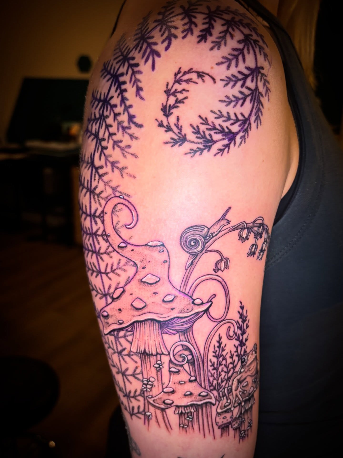 Mushroom and forest illustrative tattoo on the forearm by Kiwi🌱☀️