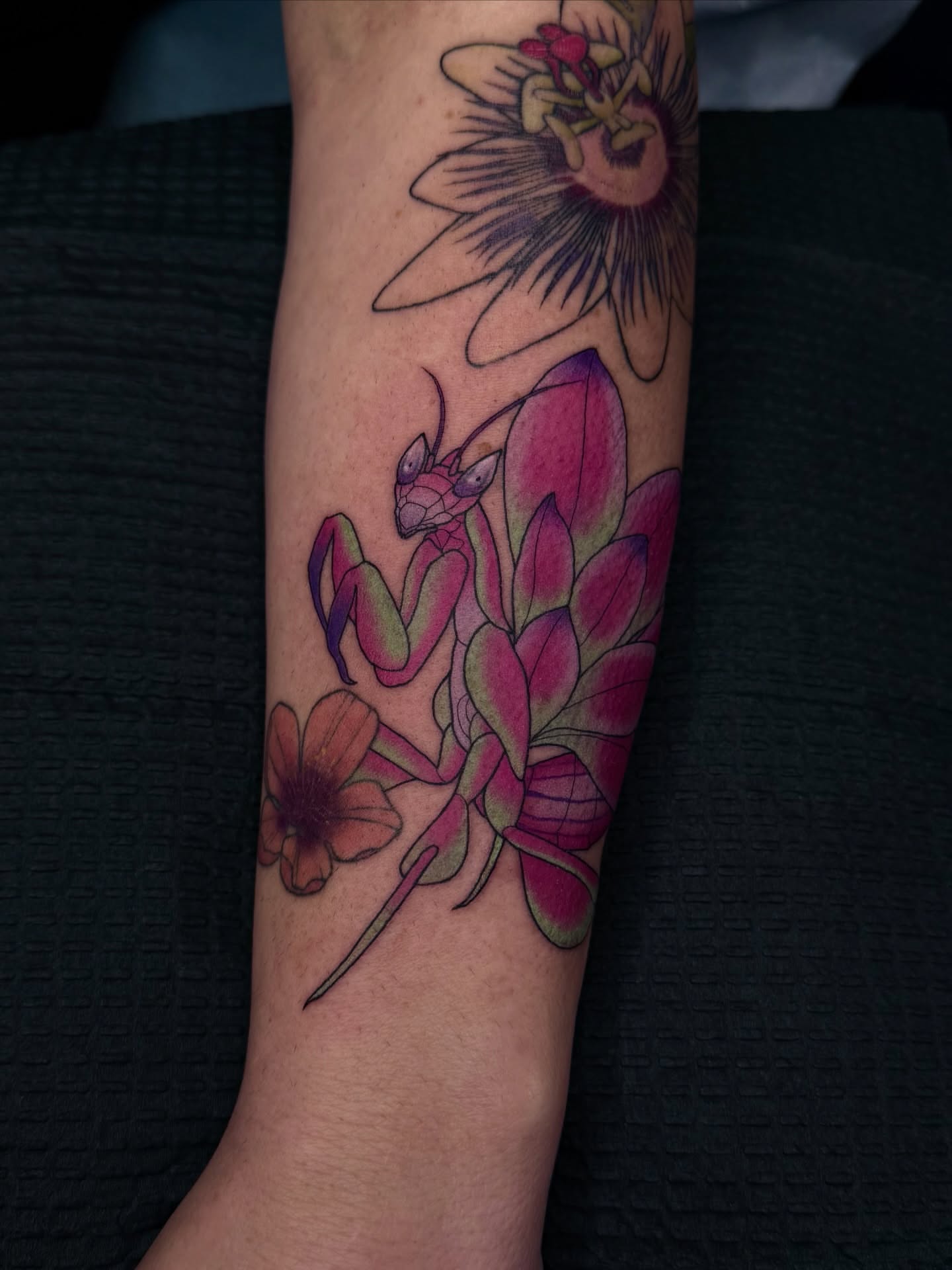 Praying mantis and flowers new school tattoo on the forearm by Emersyn DeLuna