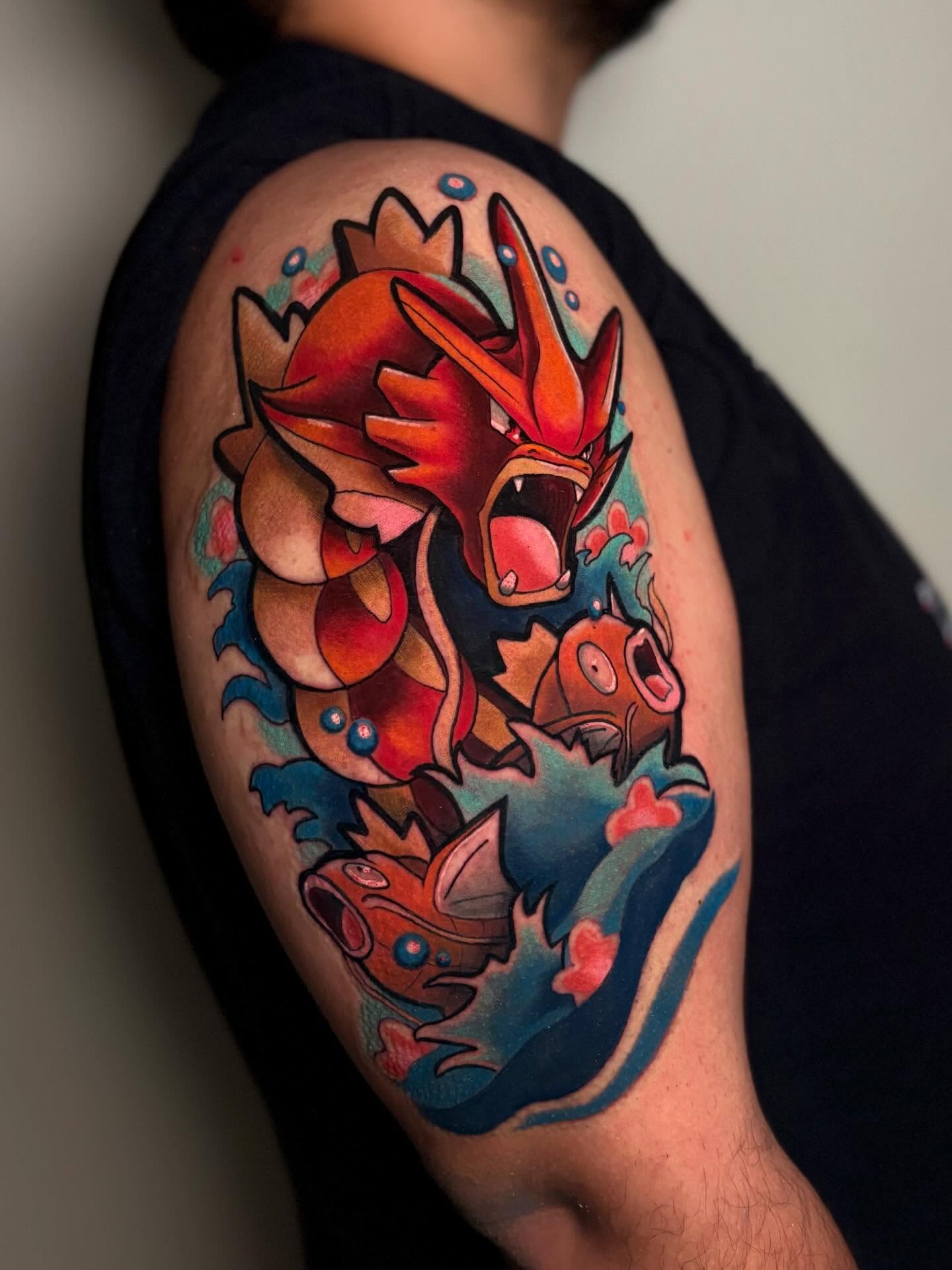 Dragon new school tattoo on the shoulder by Jess
