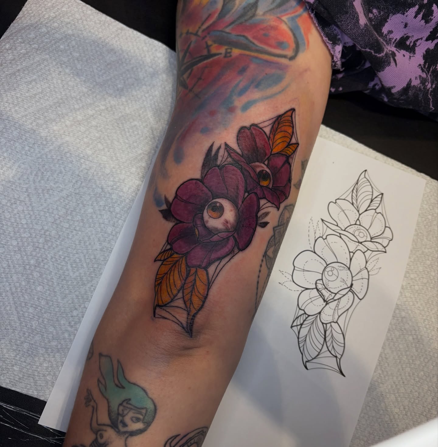 Flower with eyes neo-traditional tattoo on the forearm by Calen Copeland