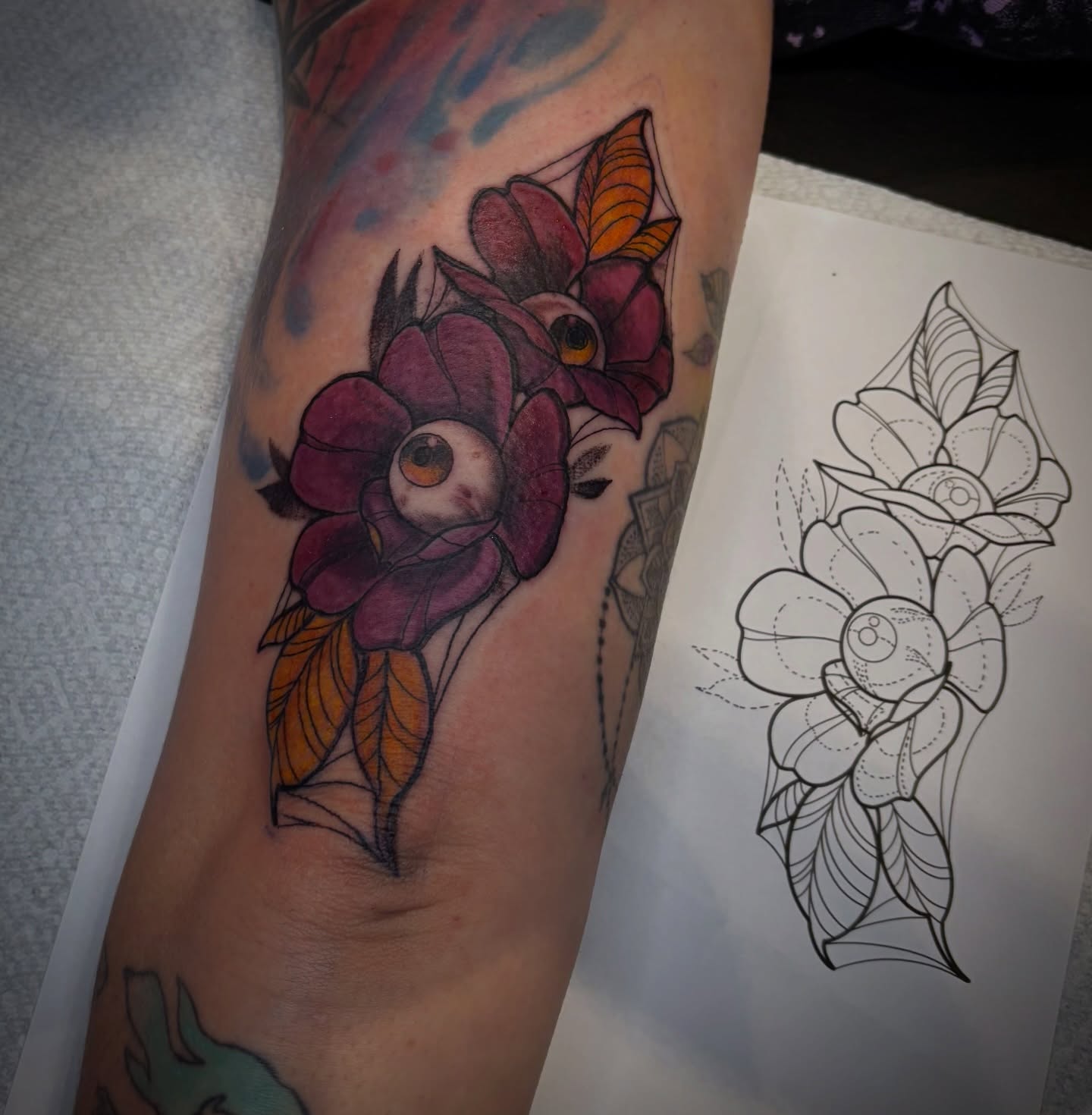 Flower with eyes new school tattoo on the forearm by Calen Copeland