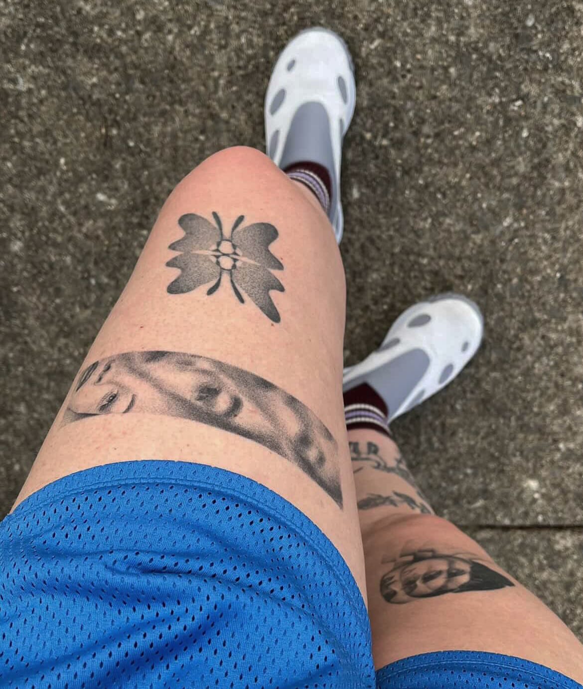 Butterfly black and grey tattoo on the thigh by sara scak, Lakewood, Ohio