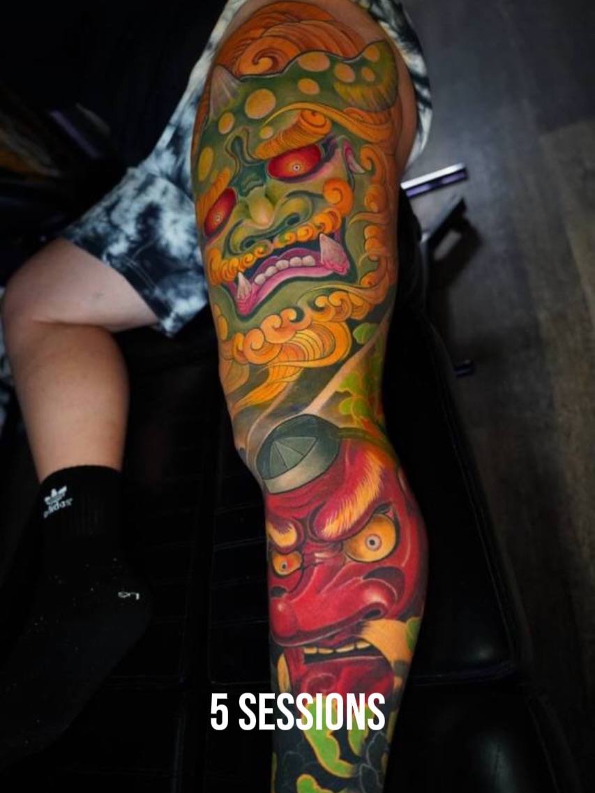 Demon mask japanese irezumi tattoo on the forearm by Grego Hernandez, Miami, Florida