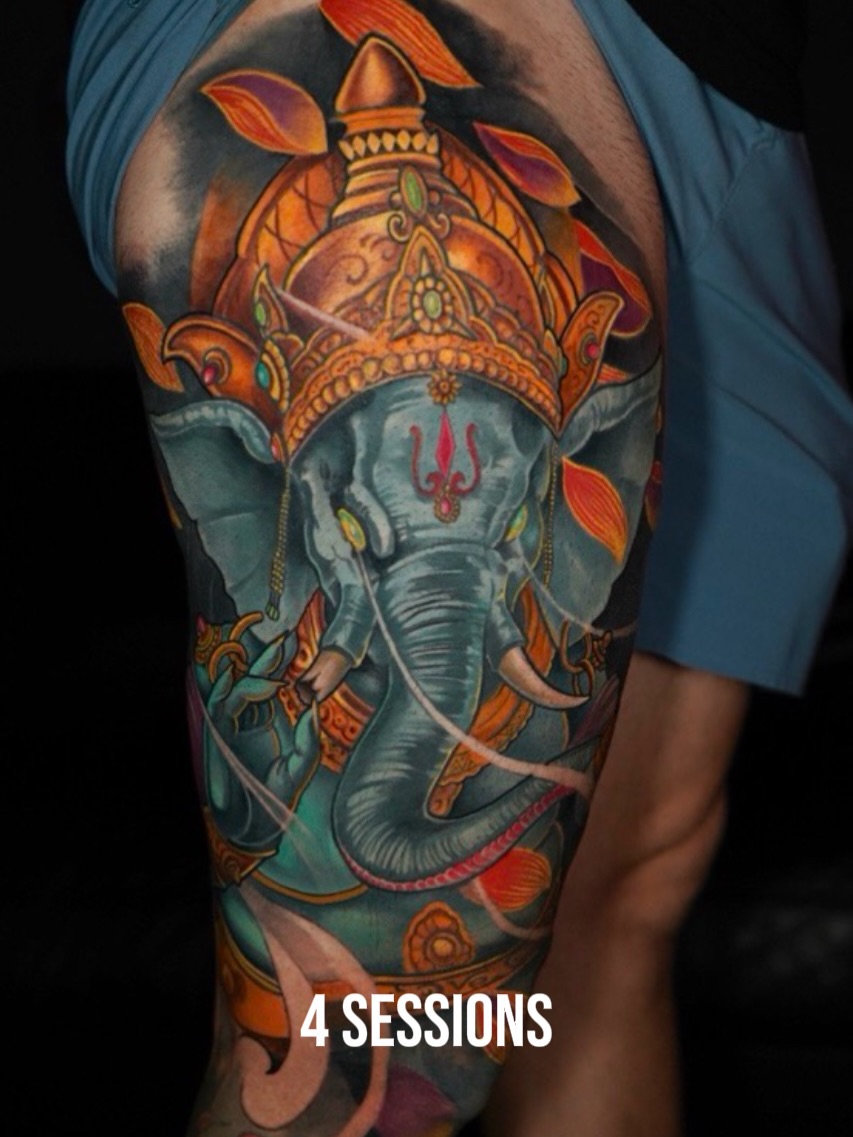 Elephant with ornate headdress new school tattoo on the forearm by Grego Hernandez, Miami, Florida