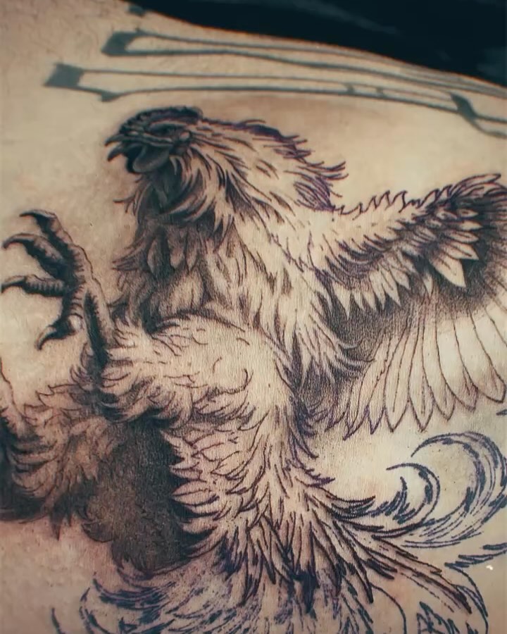 Mythical creature black and grey tattoo on the torso by Chato