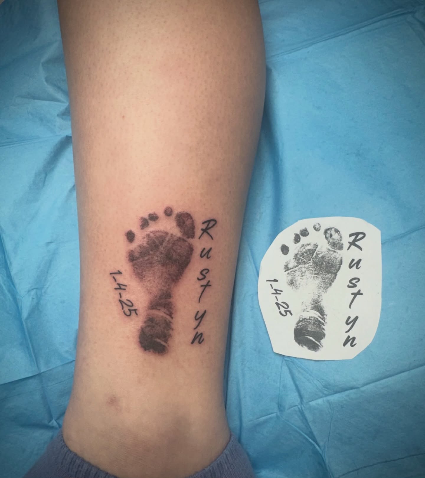 Baby footprint dotwork tattoo on the forearm by Kylie Allen