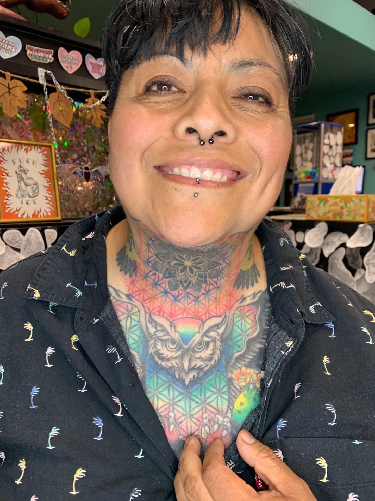 Owl geometric tattoo on the chest by Kitty Jones, Berkeley, California