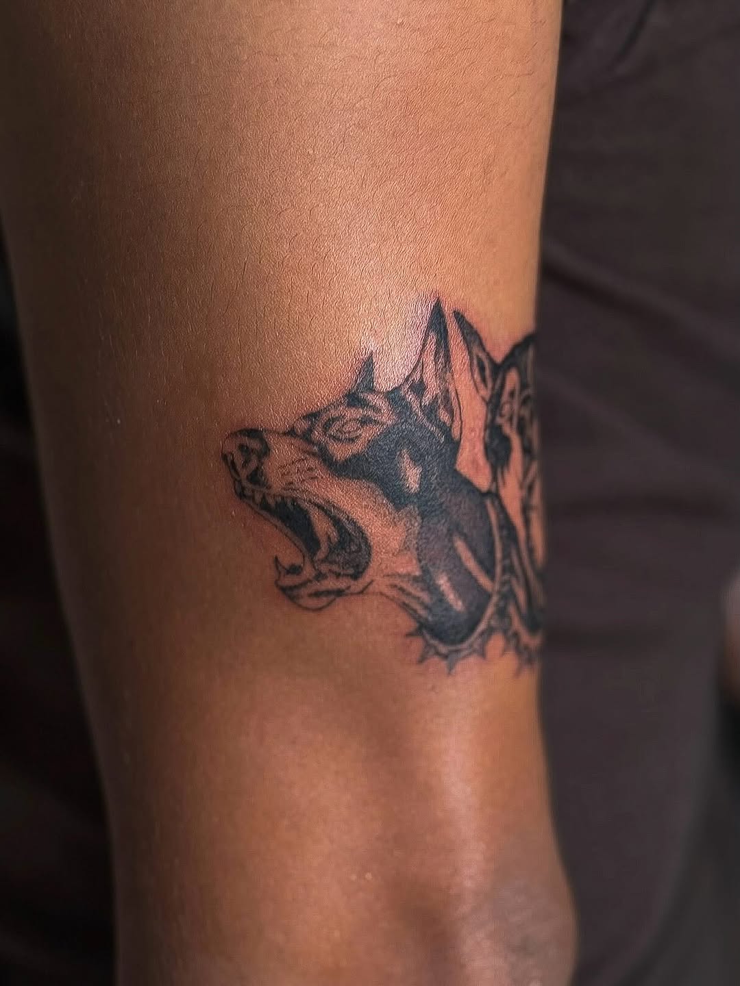 Dog head realism tattoo on the forearm by ππππππ