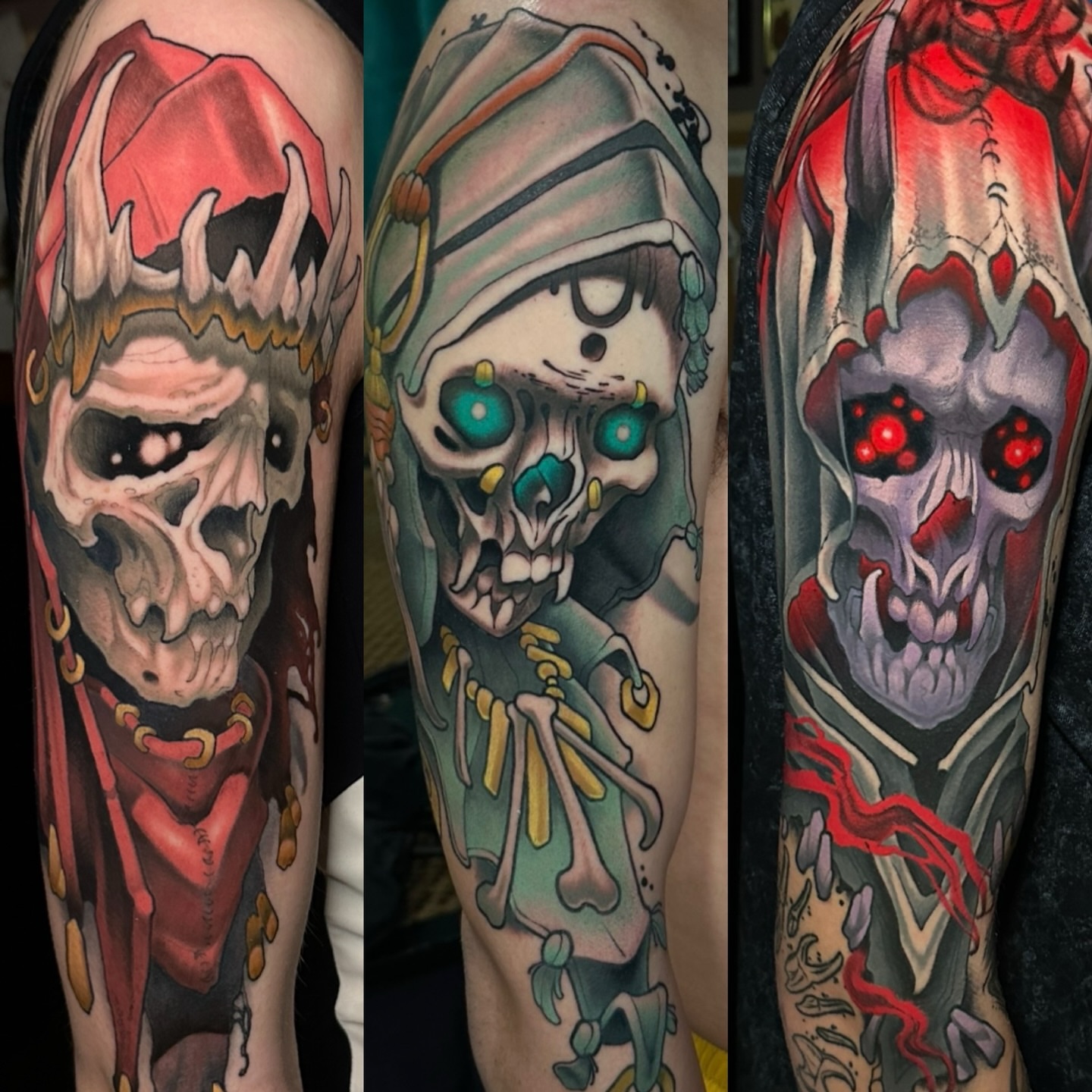Skulls American traditional tattoo on the forearm by Skylar Mangrum
