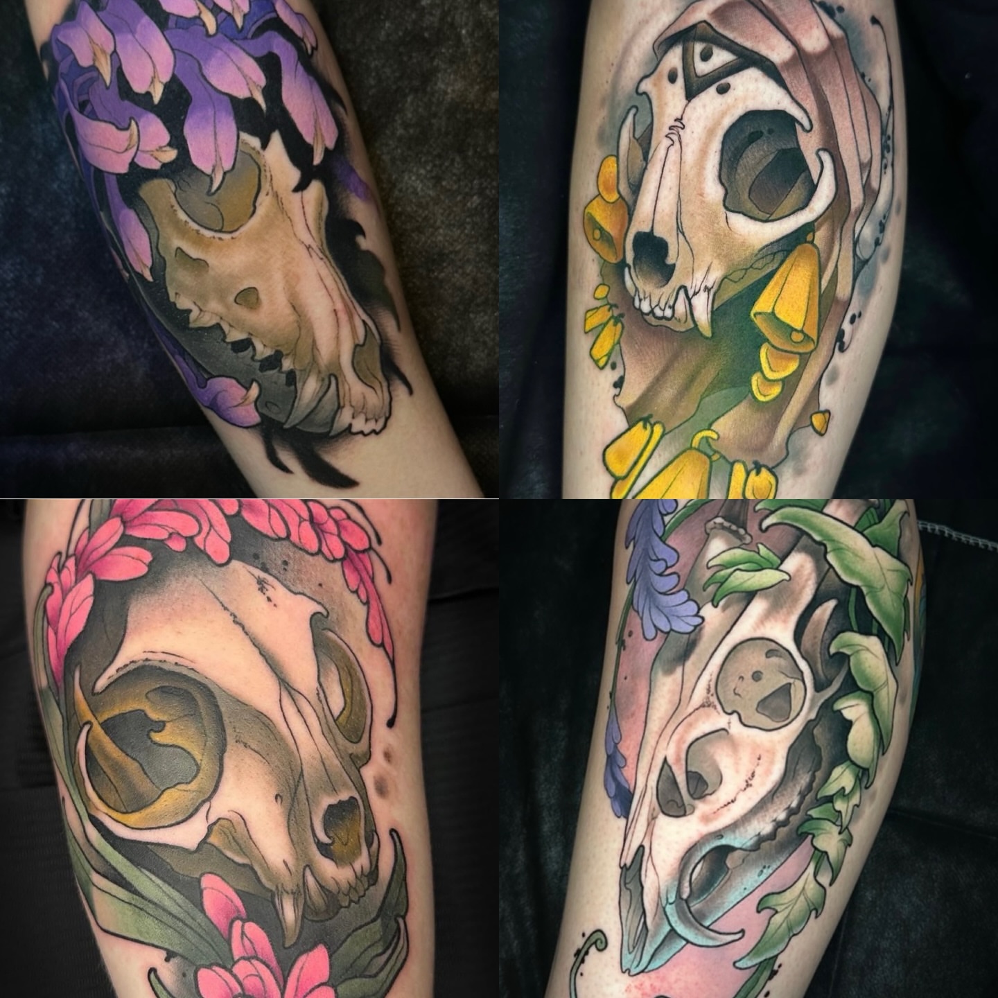 Skull with floral elements realism tattoo on the forearm by Skylar Mangrum