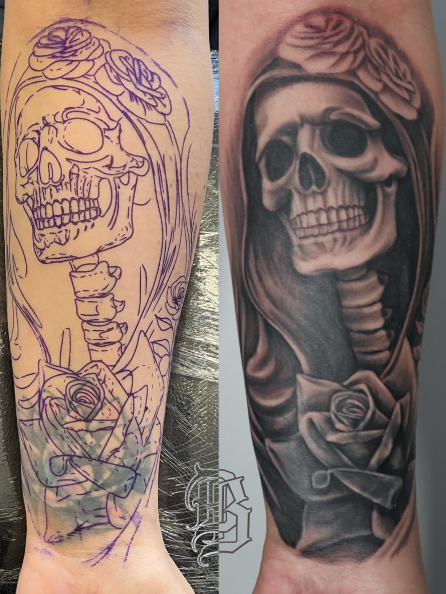 Skull with roses realism tattoo on the forearm by Daniel Rodriguez