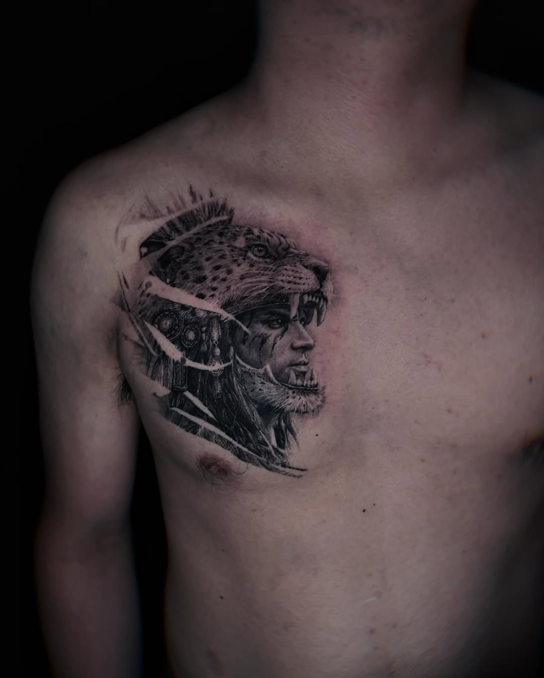 Warrior with jaguar headdress realism tattoo on the chest by Yu Chen