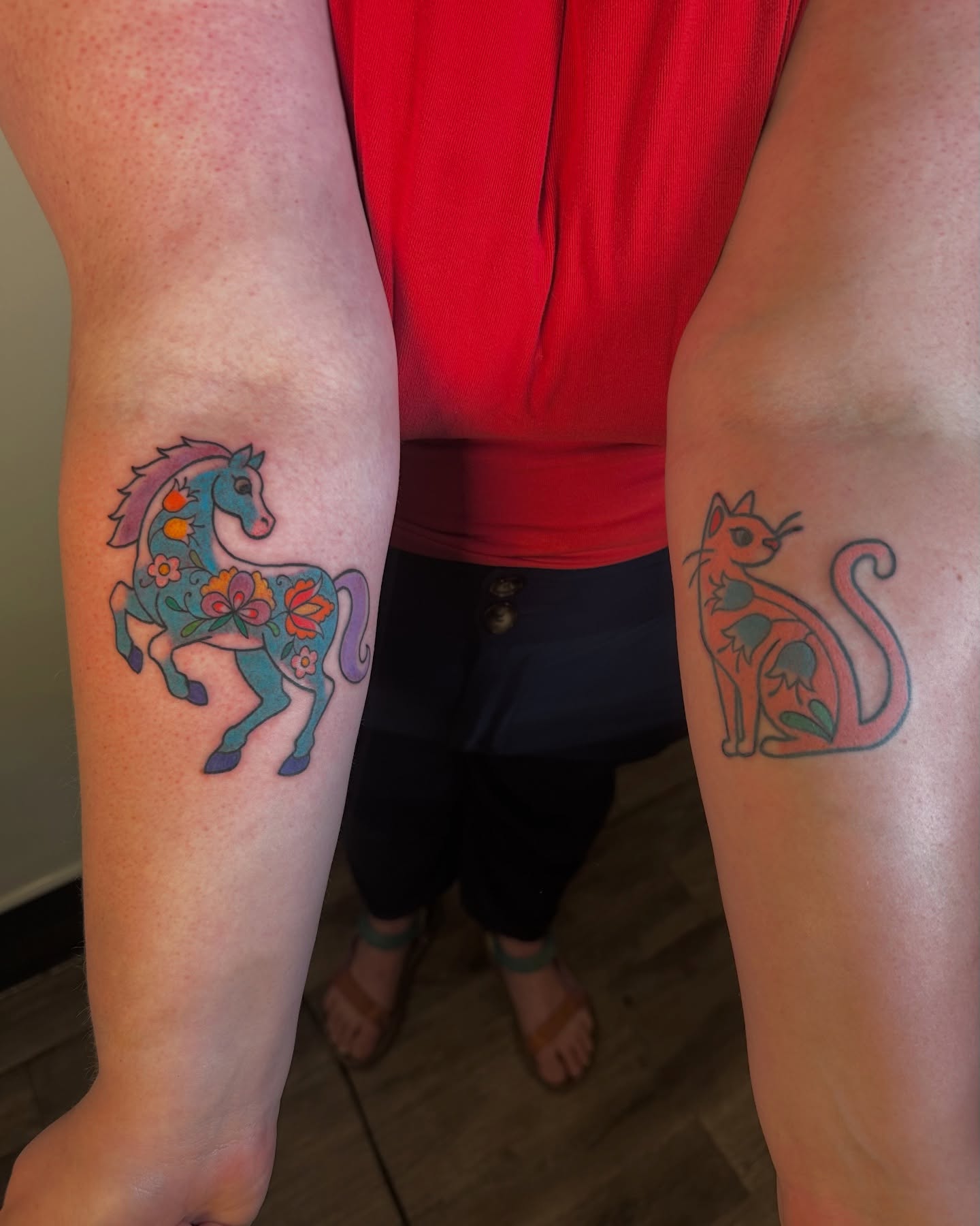 Horse and cat new school tattoo on the forearm by Ash Gonzalez ❤️ Austin Tattoo Artist