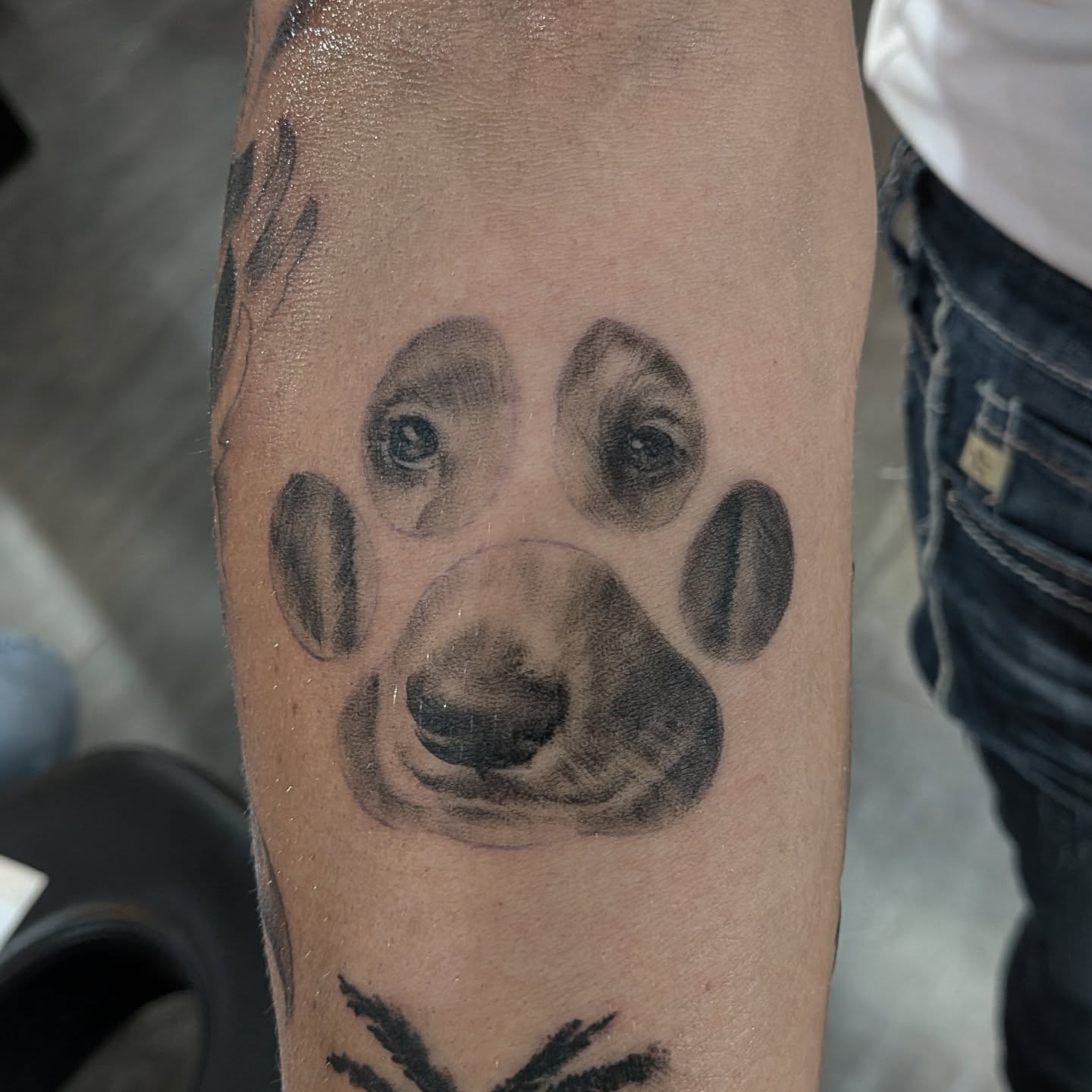 Dog paw realism tattoo on the forearm by Nic Skrade, Minneapolis, Minnesota