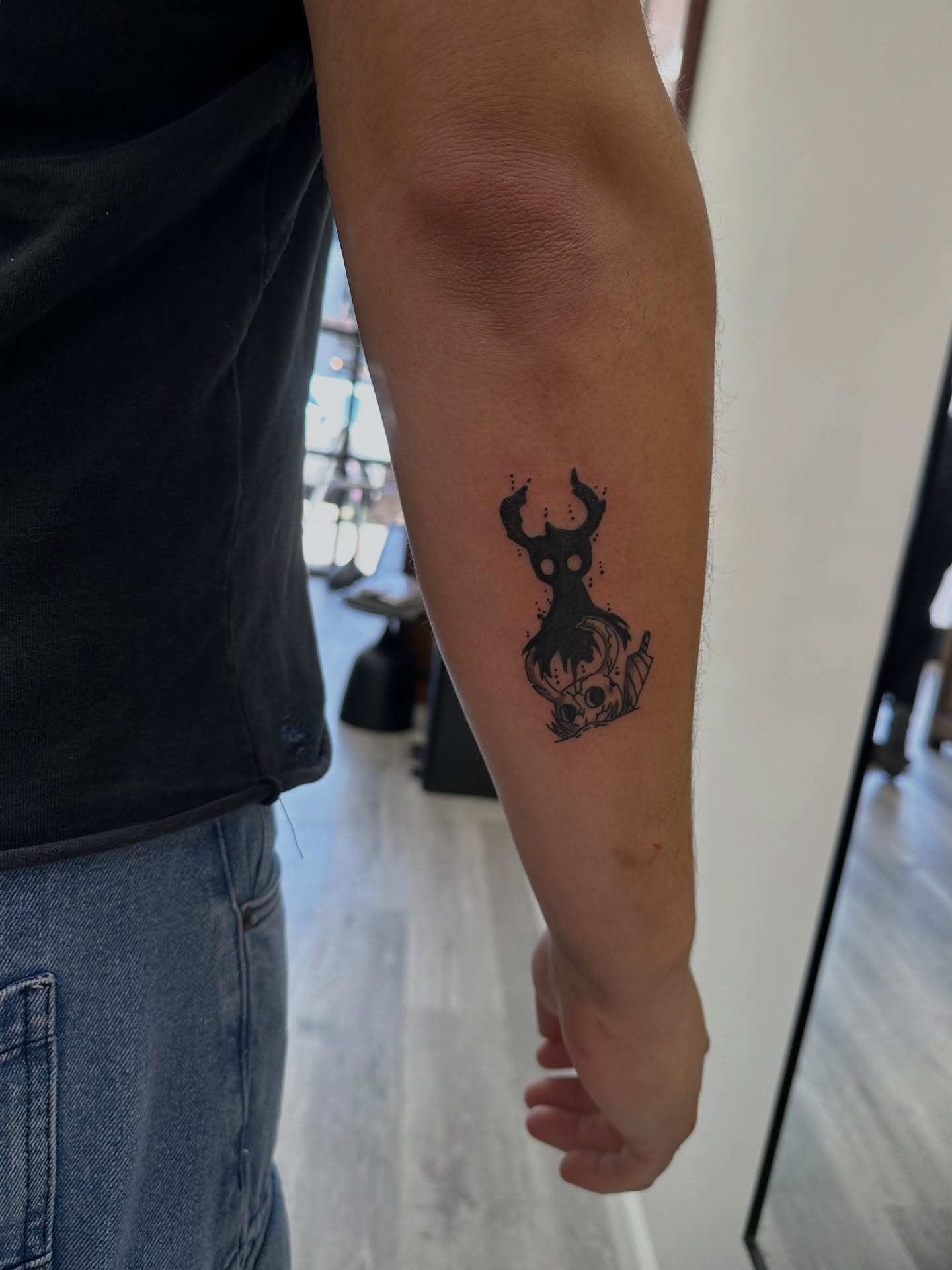 Stag head black and grey tattoo on the forearm by Cherry Tats🍒