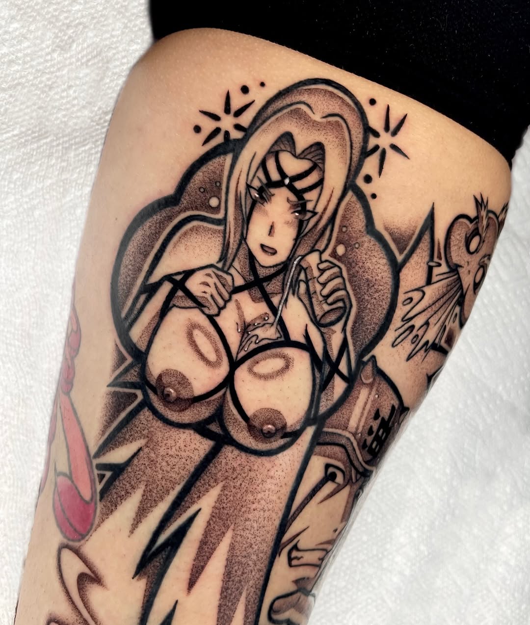 Tattoo by @a.v.tattoos — anime, dotwork