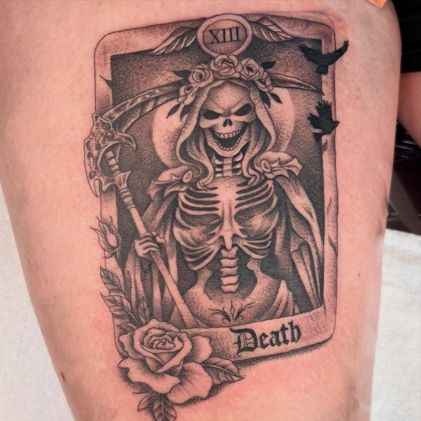 Death card black and grey tattoo on the thigh by LOS