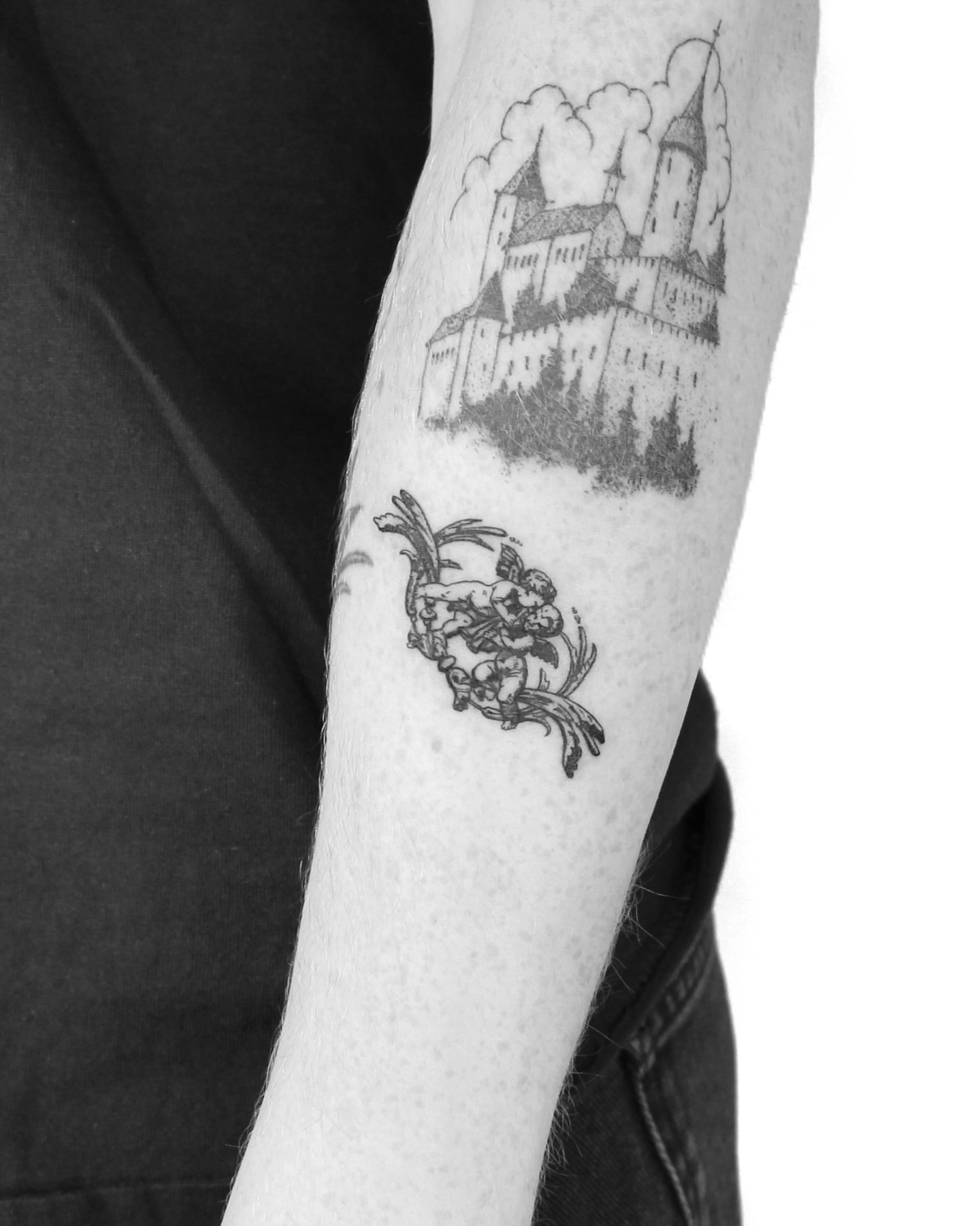 Castle and knight black and grey tattoo on the forearm by Tatmostat