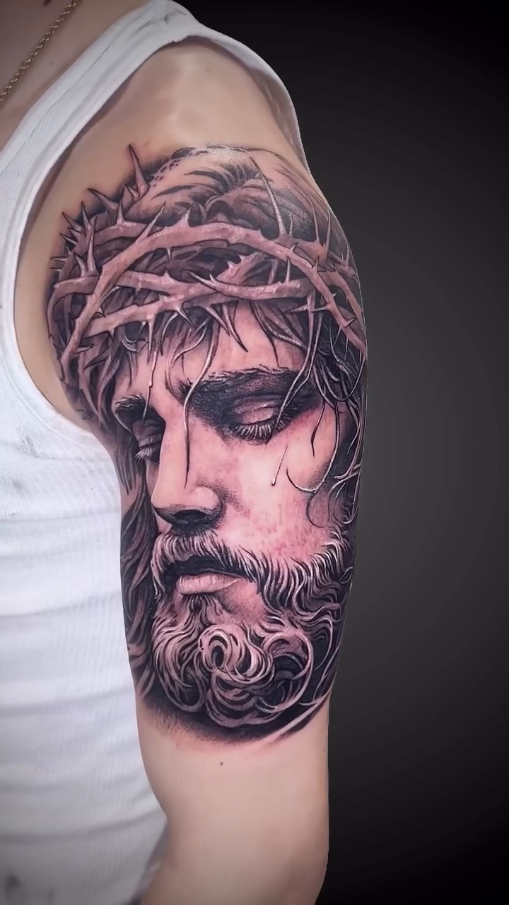 Jesus Christ portrait realism tattoo by Daniel Fisher, Berlin, New Jersey