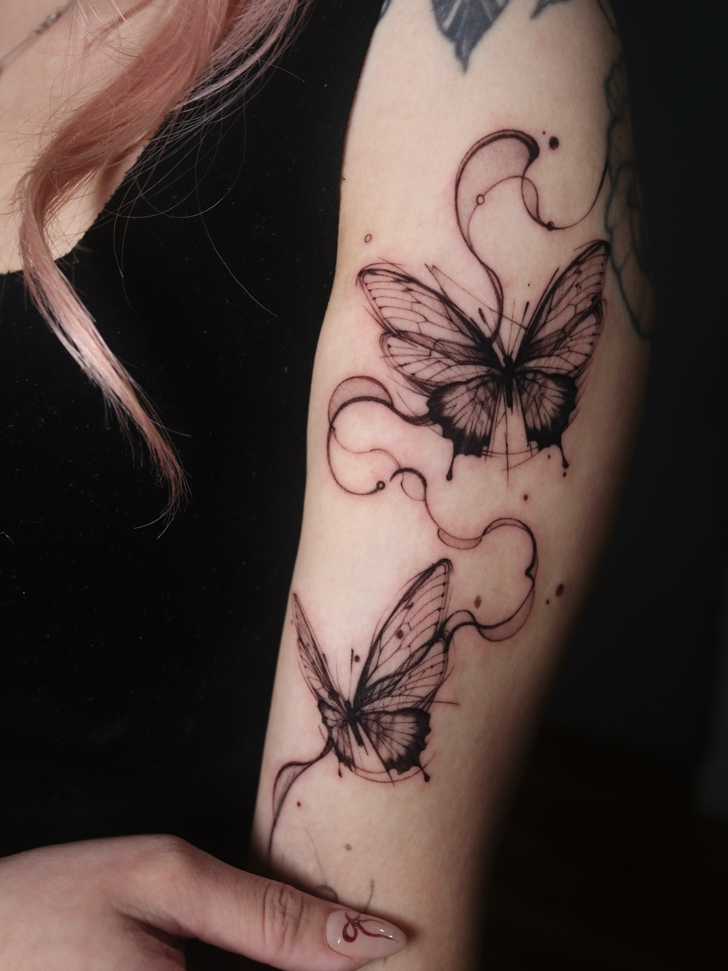 Butterflies black and grey tattoo on the forearm by @tattoo_chamsae