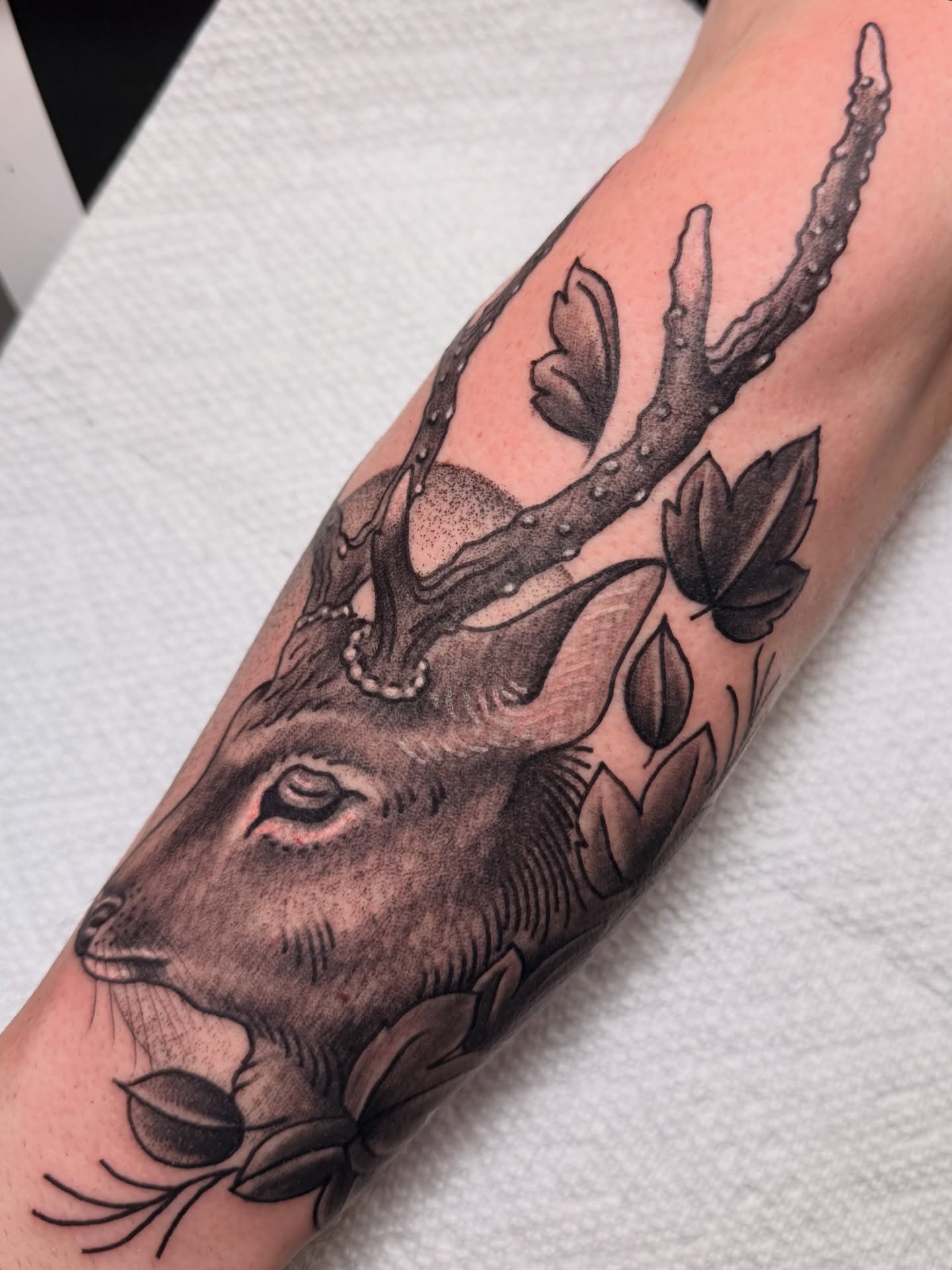 Deer head realism tattoo on the forearm by Jhon