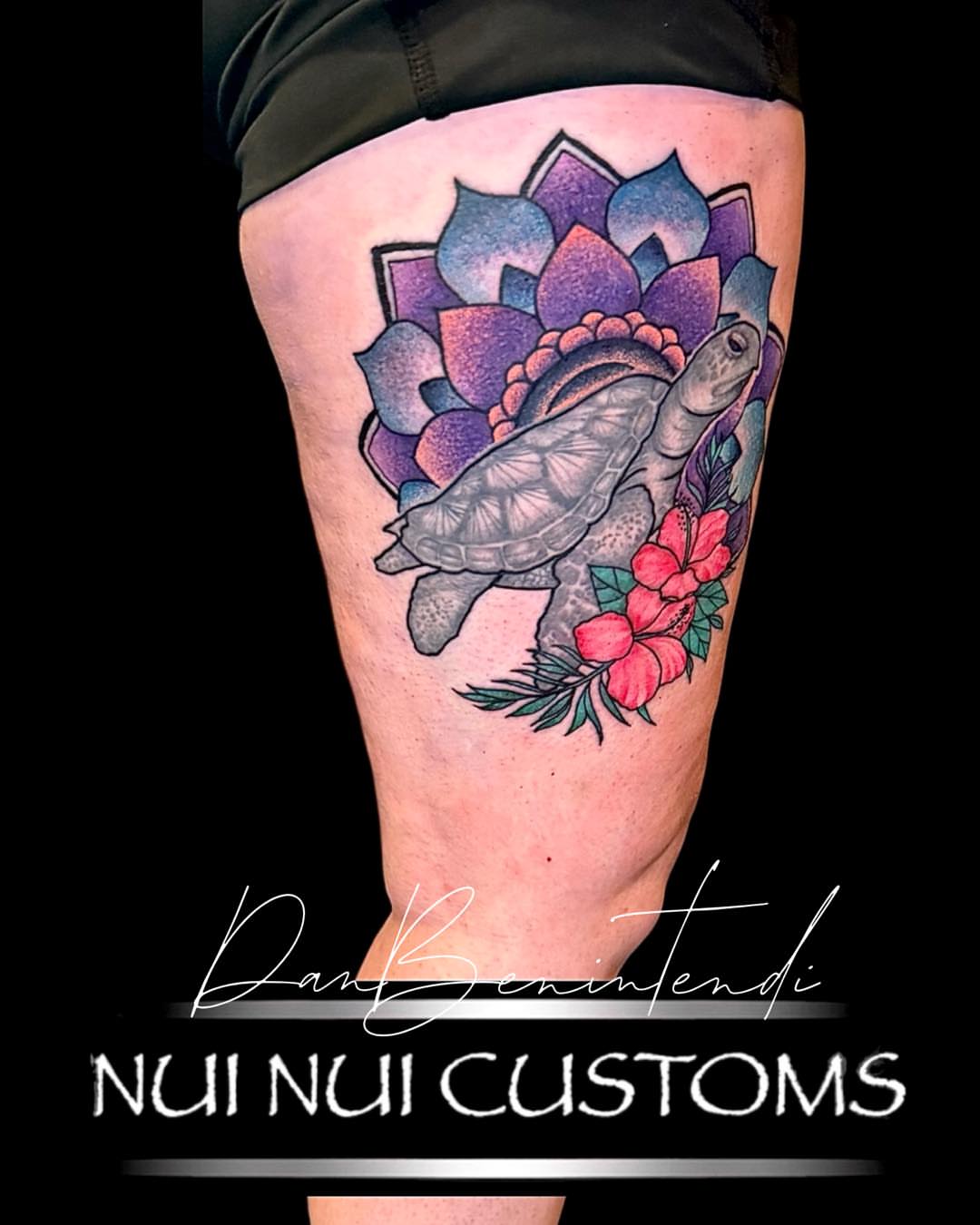 Turtle and lotus dotwork tattoo on the thigh by Dan Benintendi l Polynesian Tattoo, Fort Worth, Texas