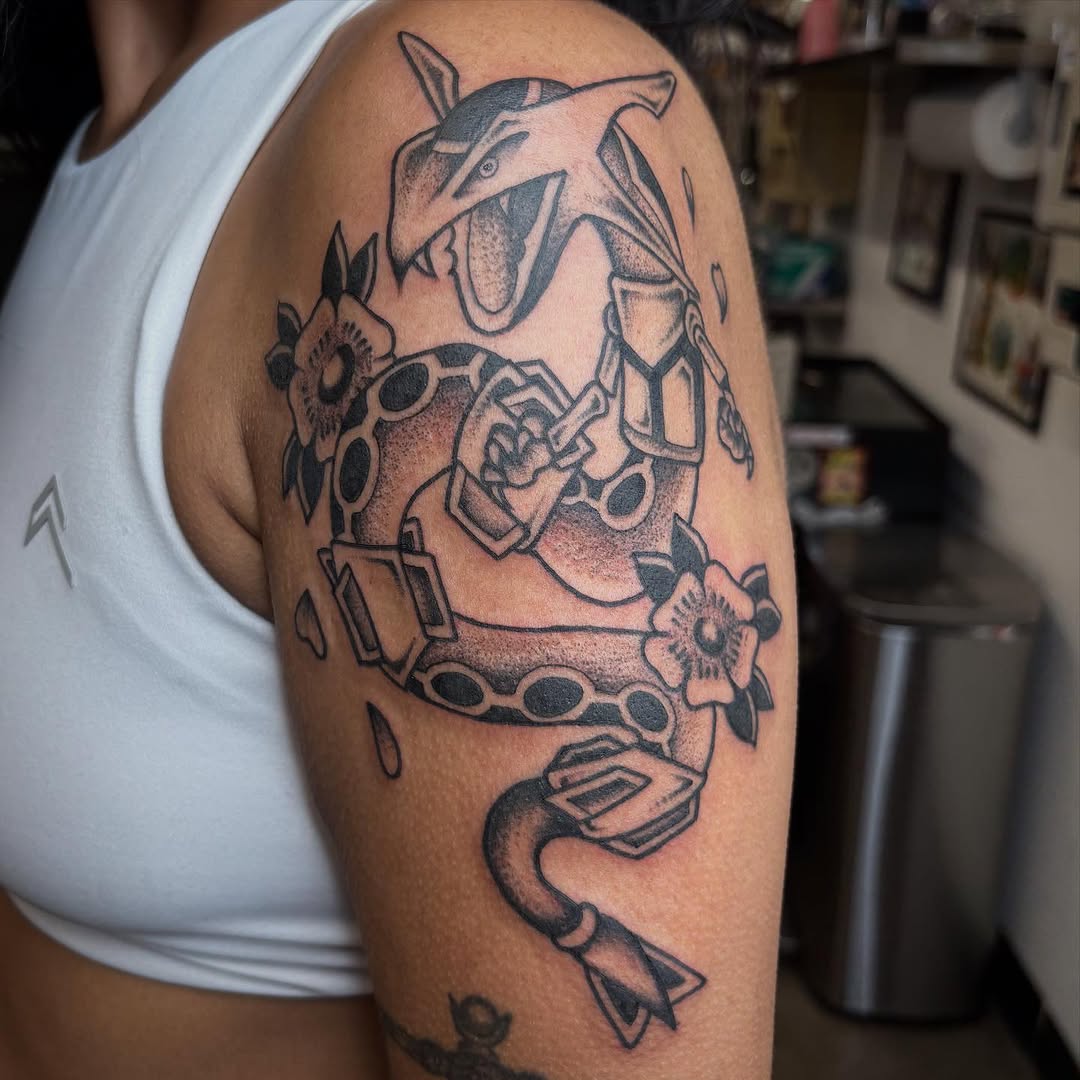 Tattoo by @brandimarietattoo — anime, black_and_grey