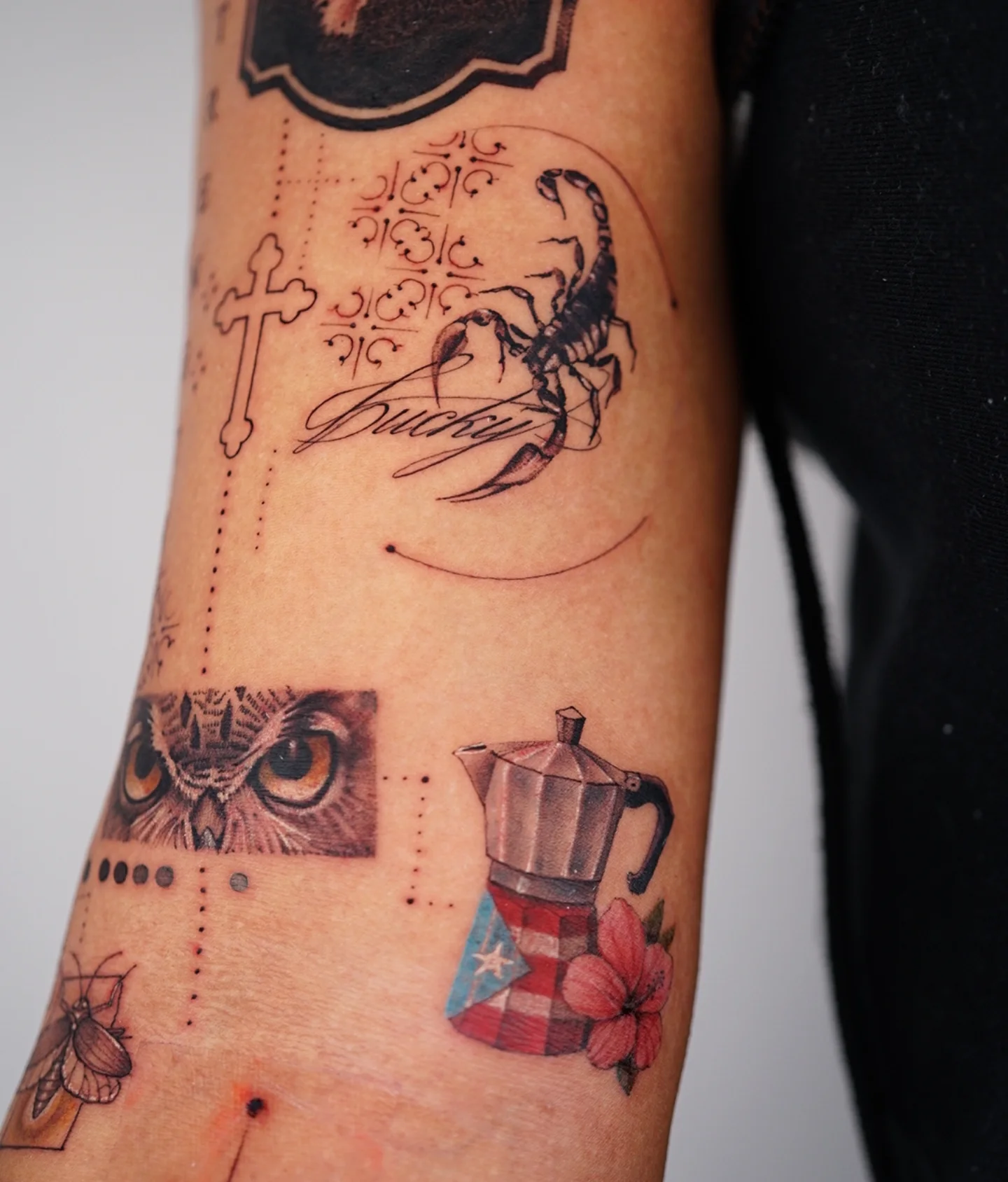 Scorpion and owl American traditional tattoo on the forearm by Vii