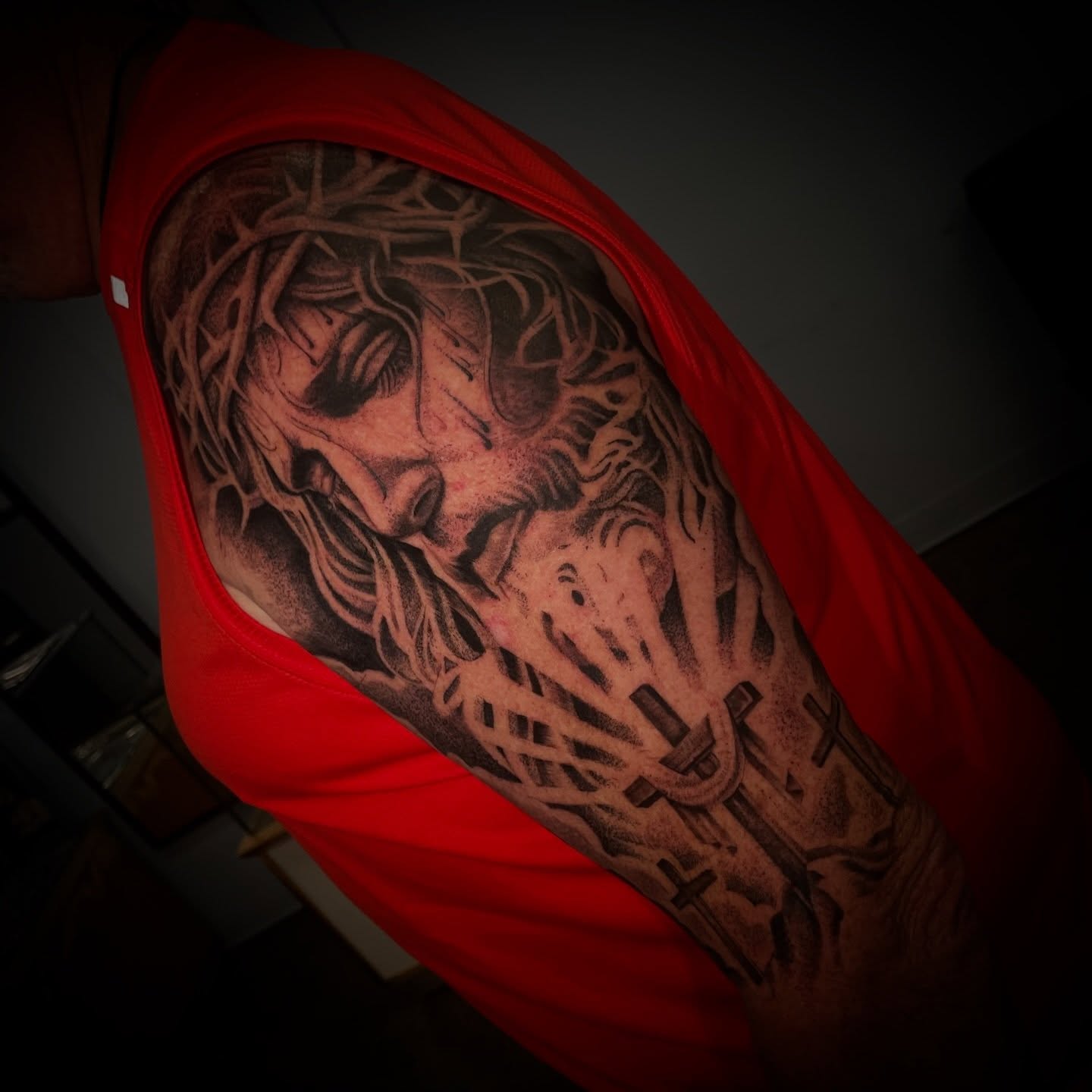 Religious figure realism tattoo on the forearm by Shadoww Espinoza