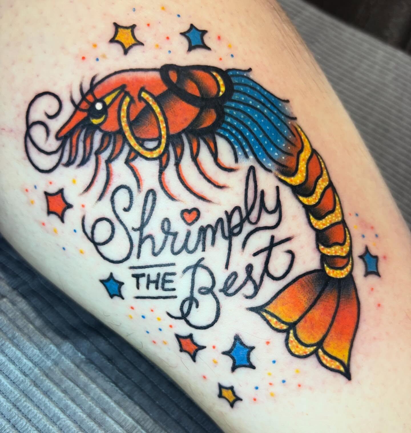 Shrimp American traditional tattoo on the forearm by Alex Green, Nashville, Tennessee