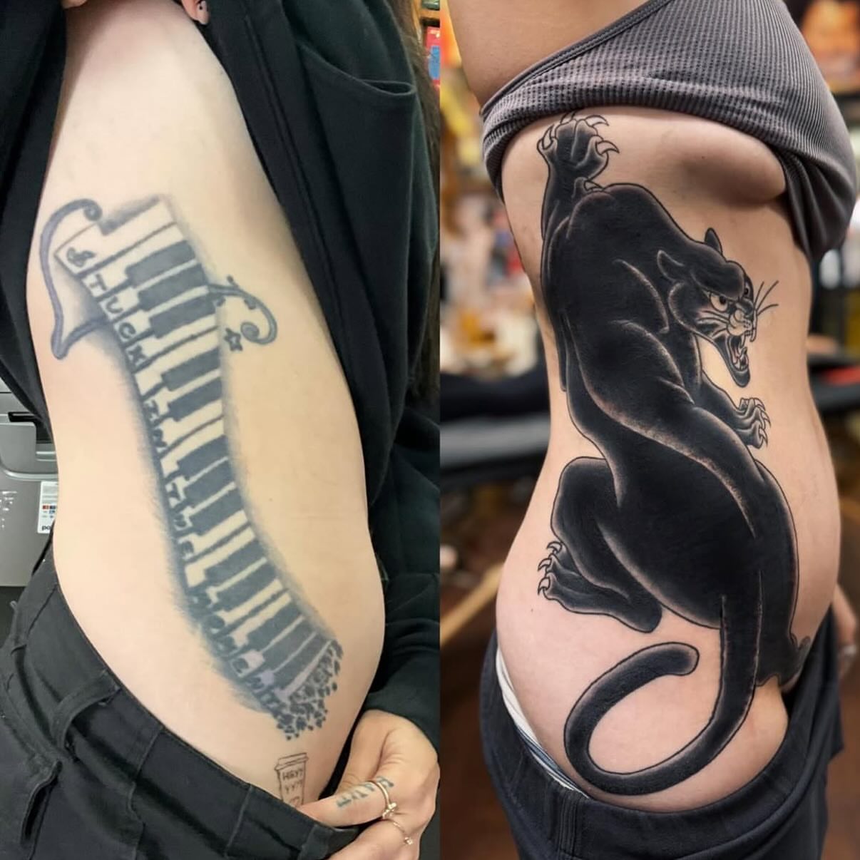 Keyboard and musical notes black and grey tattoo on the ribs by @amandahowtattoo