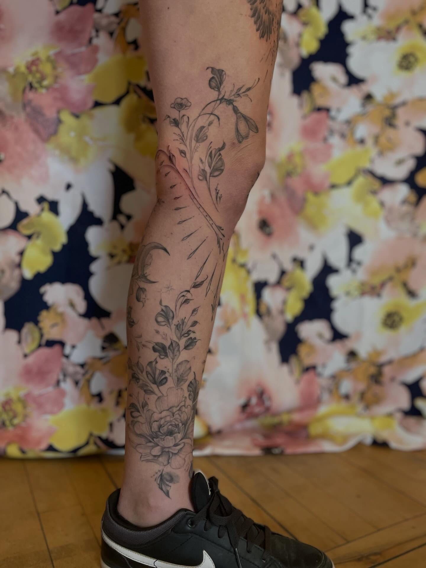 Floral design black and grey tattoo on the calf by paige  l  ink shrink tattoo