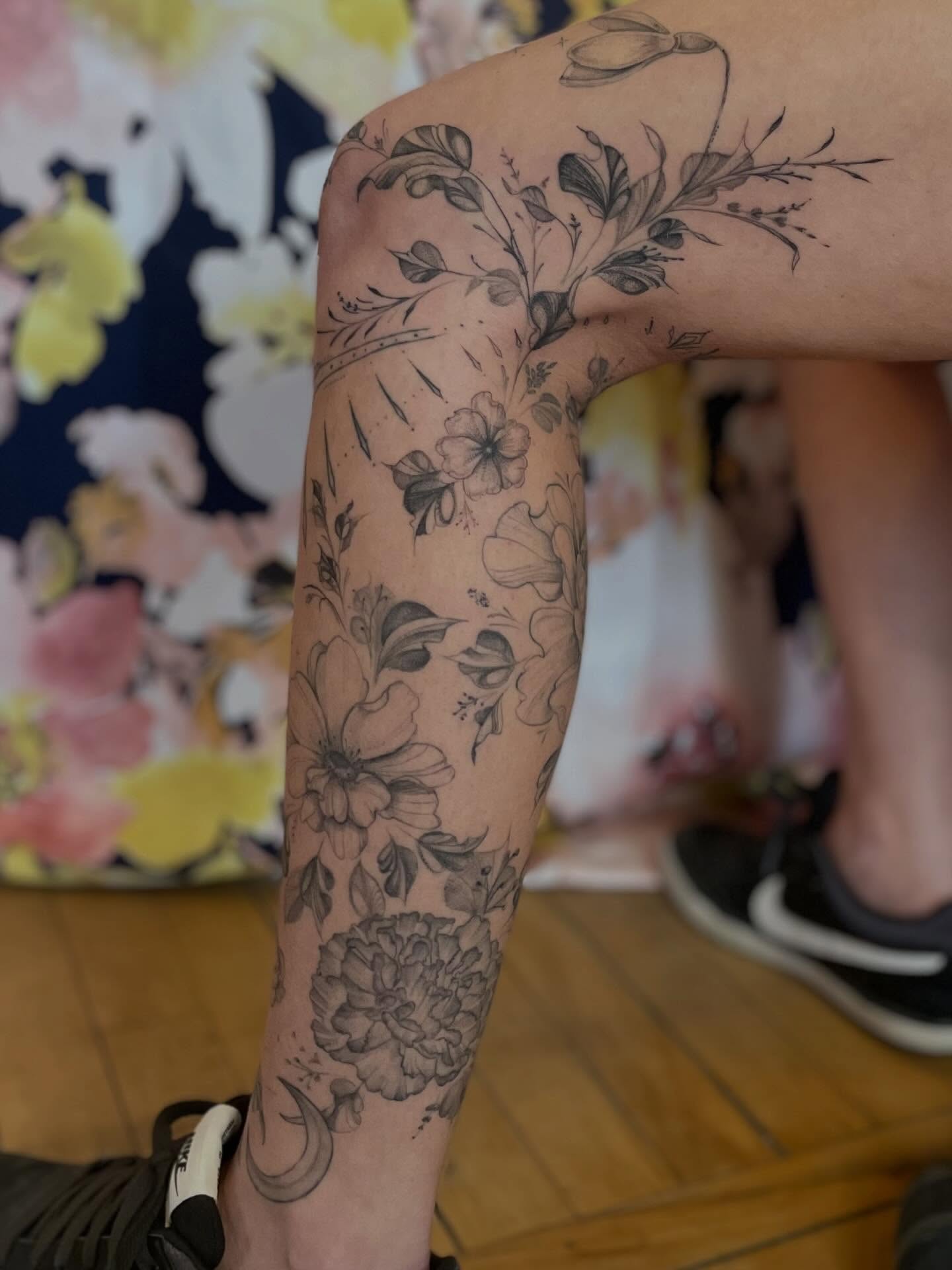 Floral arrangement black and grey tattoo on the forearm by paige  l  ink shrink tattoo