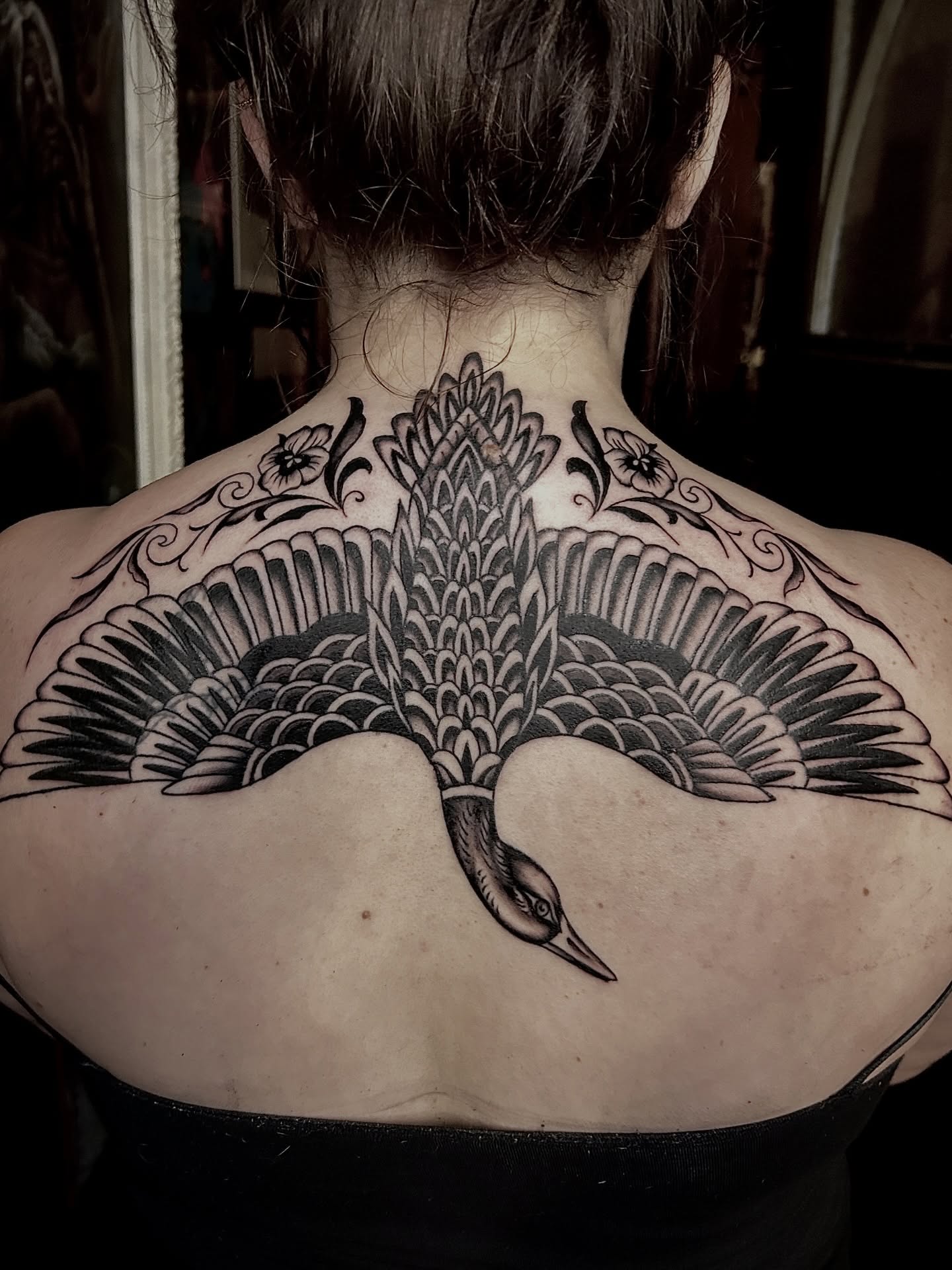 Peacock black and grey tattoo on the back by holly danesi . philadelphia tattoo, Philadelphia, Pennsylvania