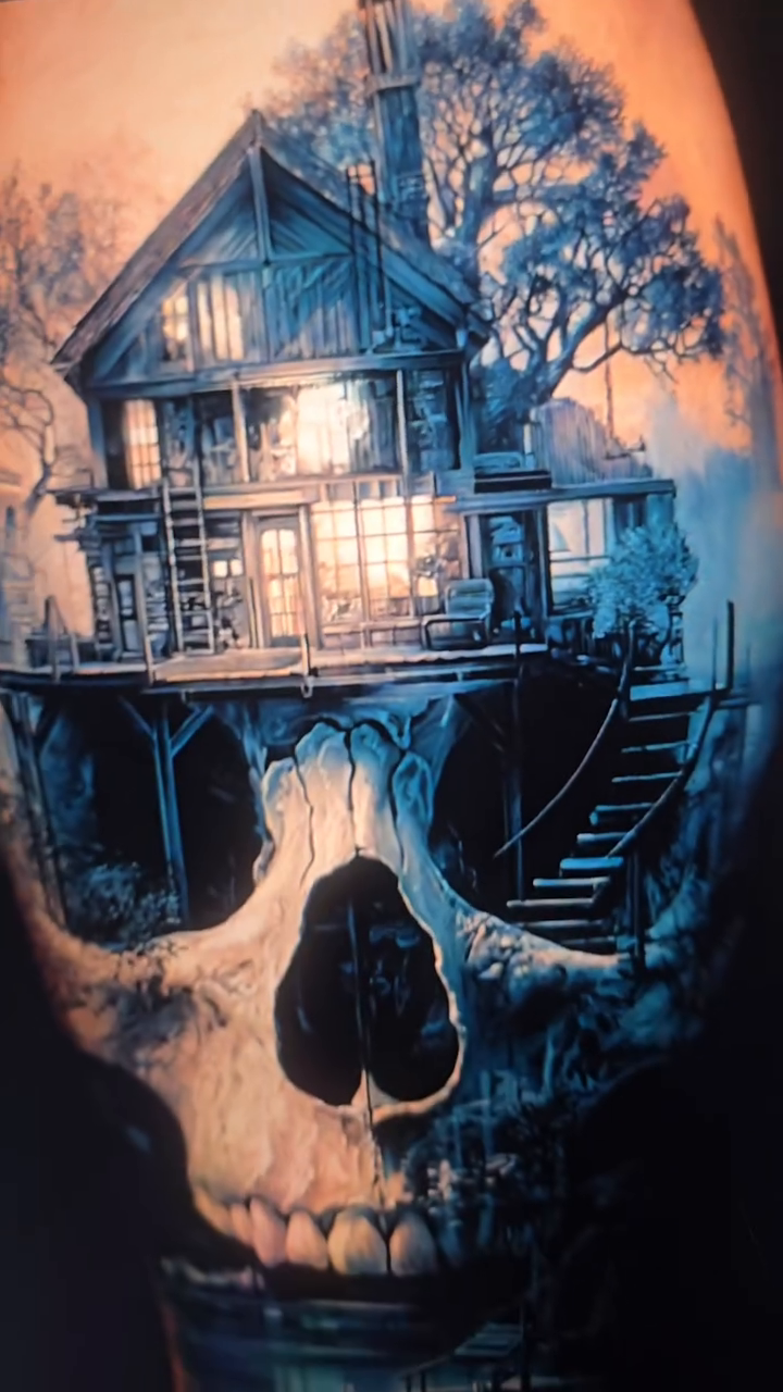 Haunted house on a skull realism tattoo by Xavier NYC TATTOO ARTIST