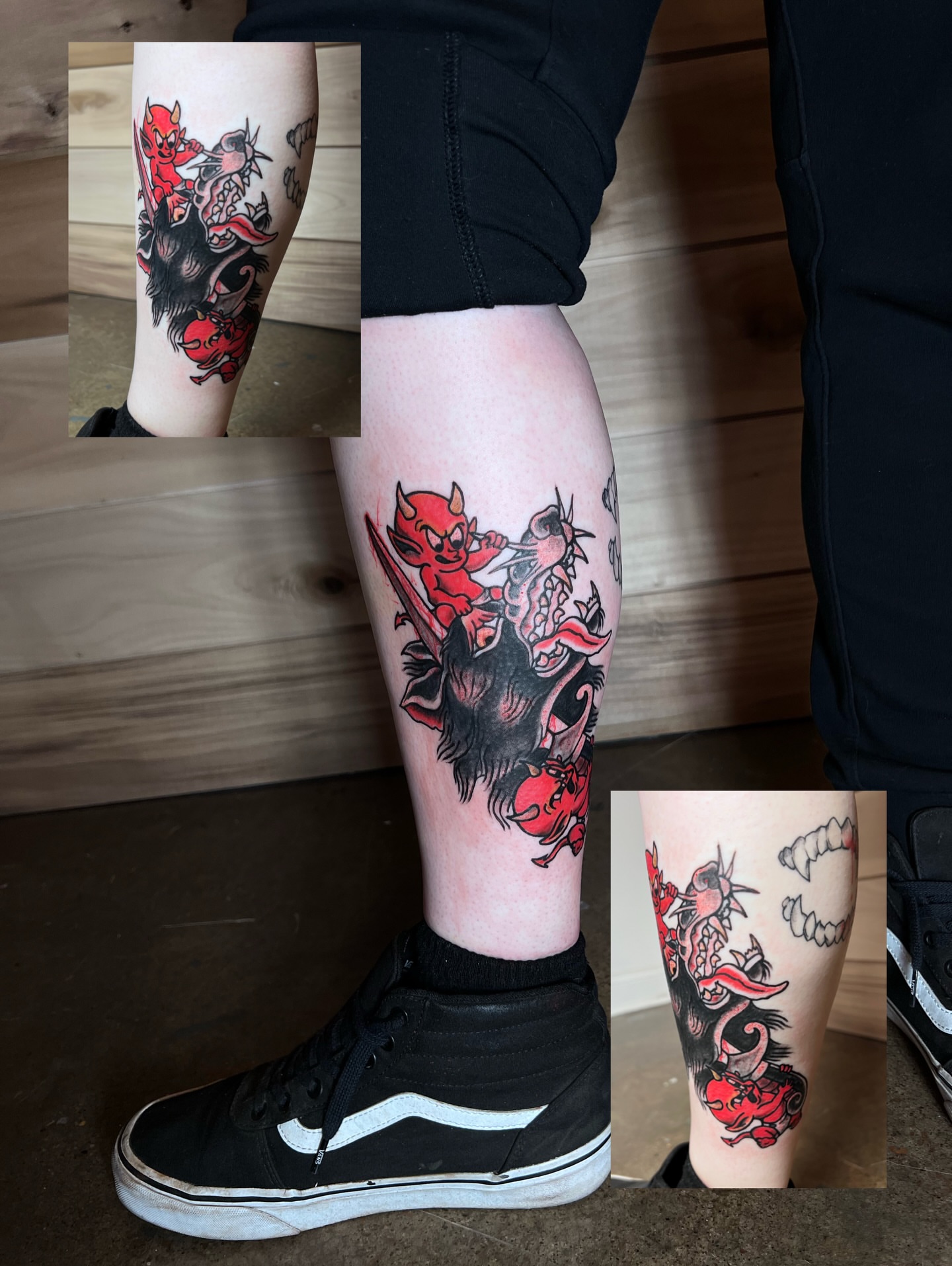 Bull and devil American traditional tattoo on the calf by ★𝐑𝐮𝐞★
