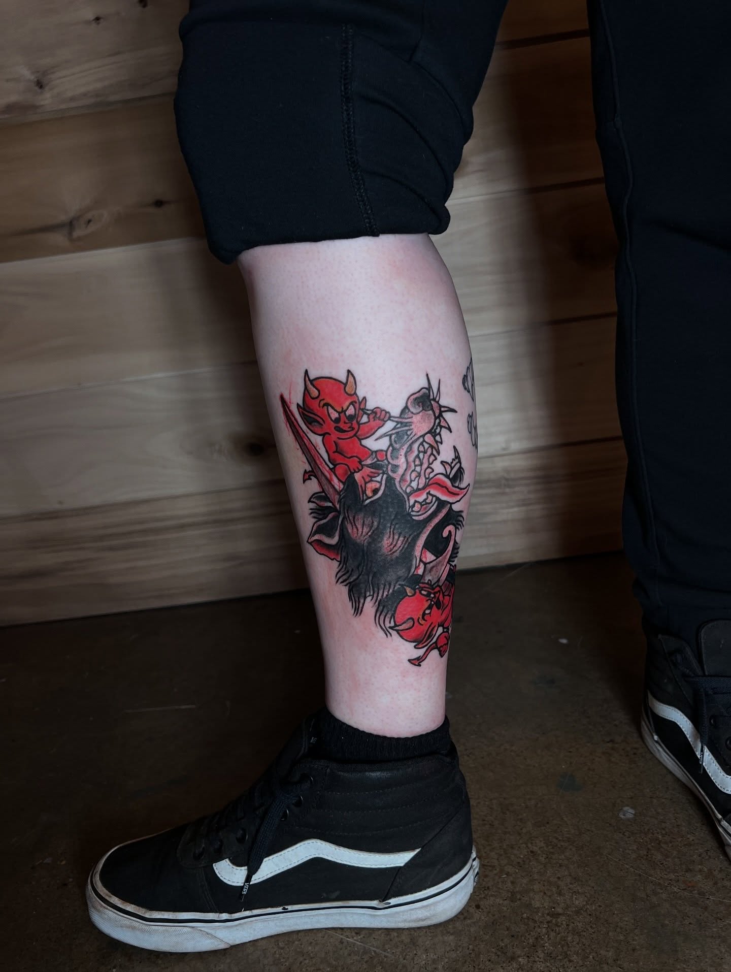 Demon and bull American traditional tattoo on the calf by ★𝐑𝐮𝐞★