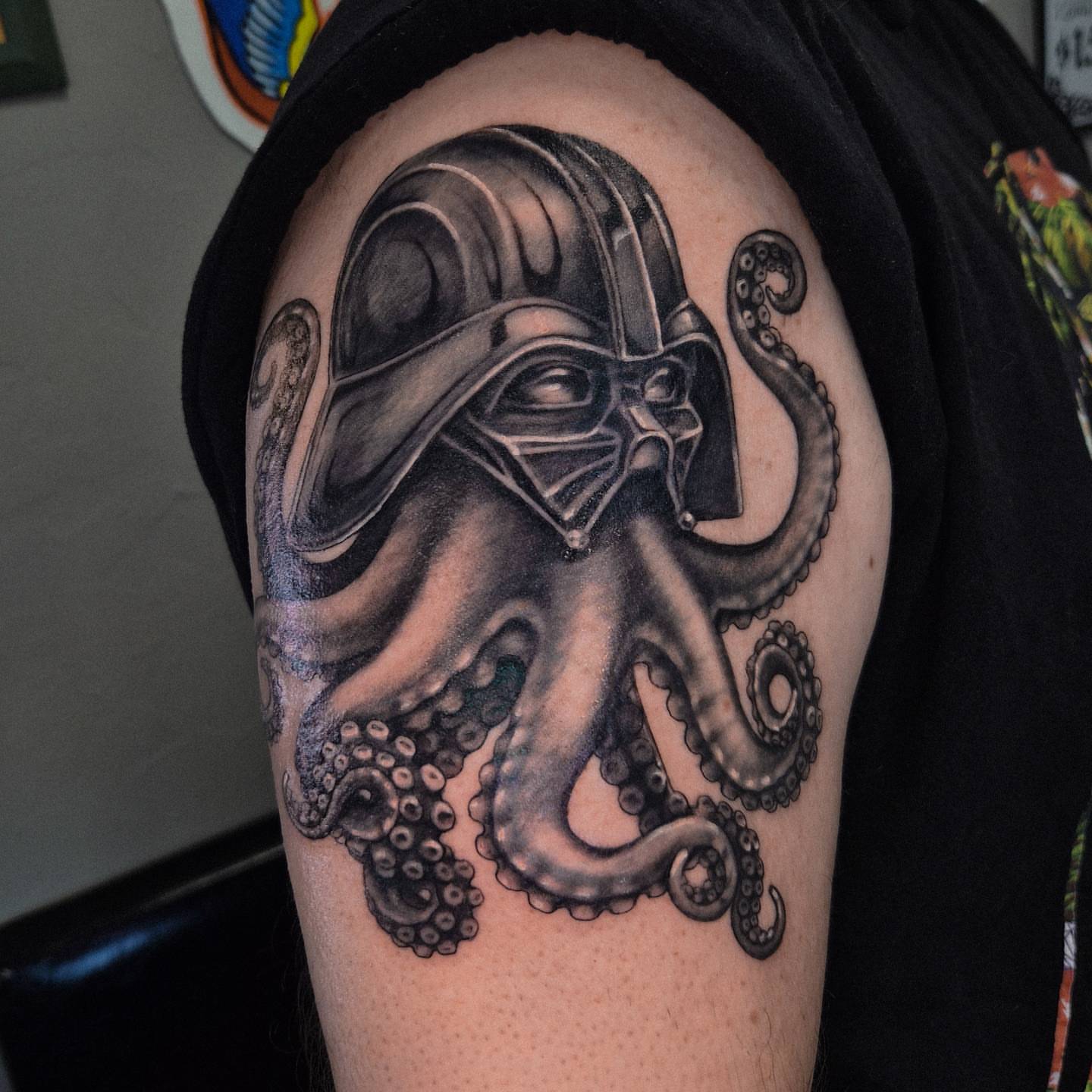Octopus with darth vader helmet realism tattoo on the shoulder by Katlyne Jones