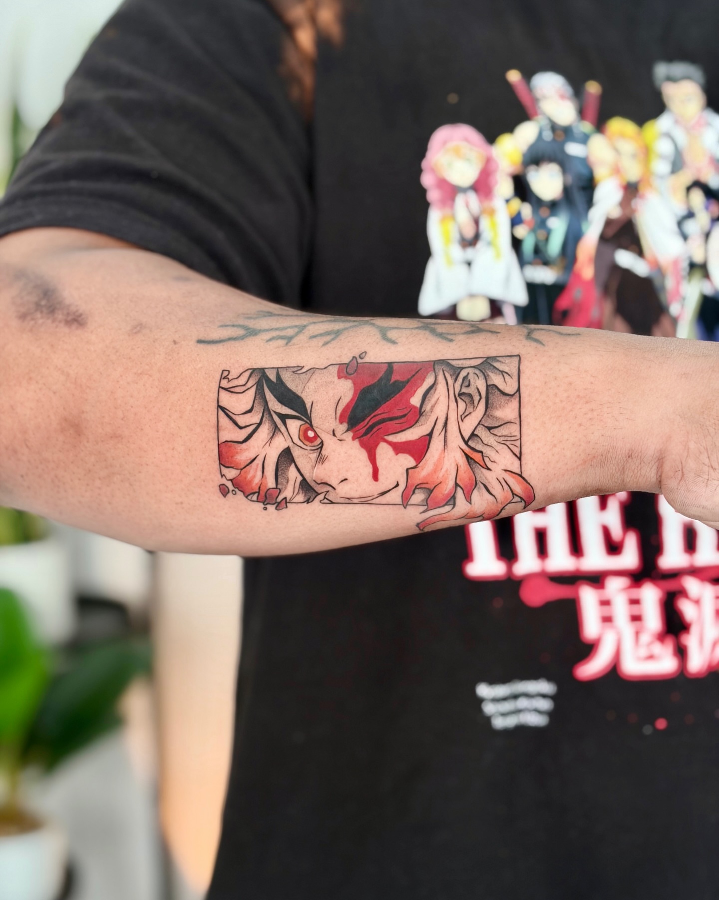Demon face anime tattoo on the forearm by Quinn ᶻ 𝗓 𐰁 .ᐟ, Charlotte, North Carolina