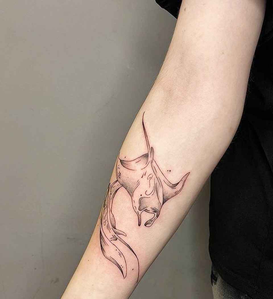 Stingray black and grey tattoo on the forearm by Sacramento tattoo