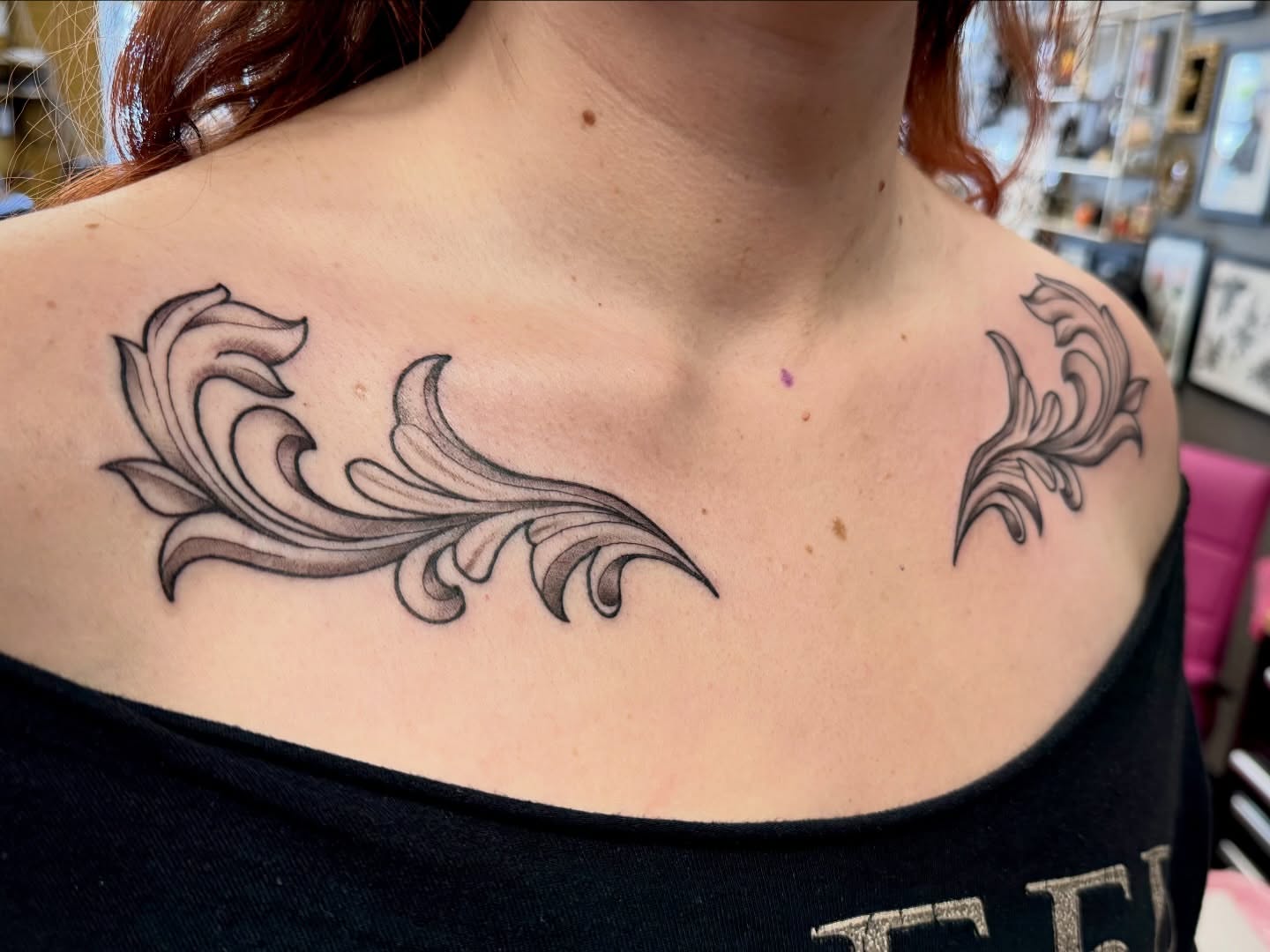 Scrollwork ornamental tattoo on the shoulder by Samantha Jane