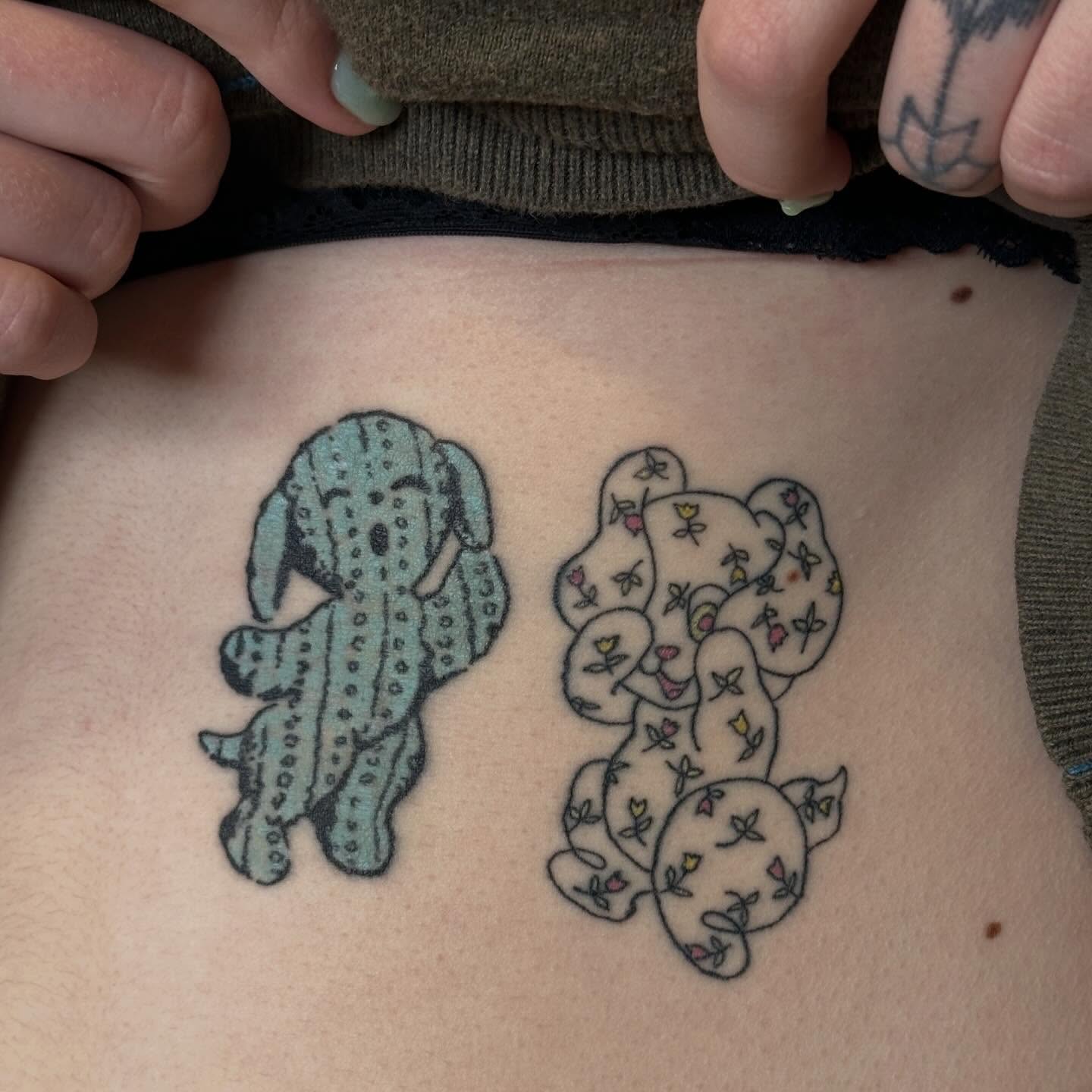 Cactus and teddy bear dotwork tattoo on the ribs by Jules🕯️