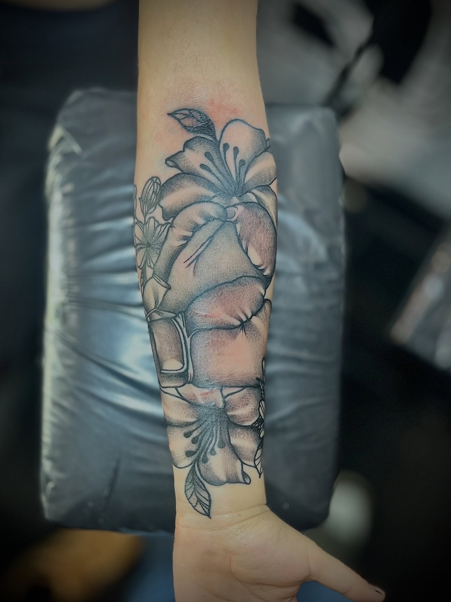 Tattoo by @cursedskintattoos — black_and_grey