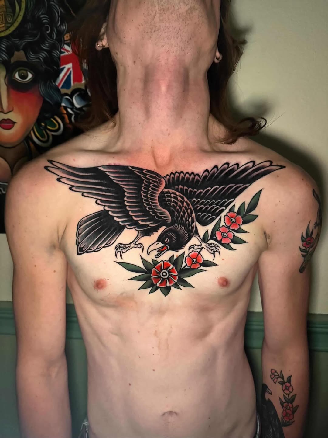 Raven with flowers fine line tattoo on the chest by Pavel