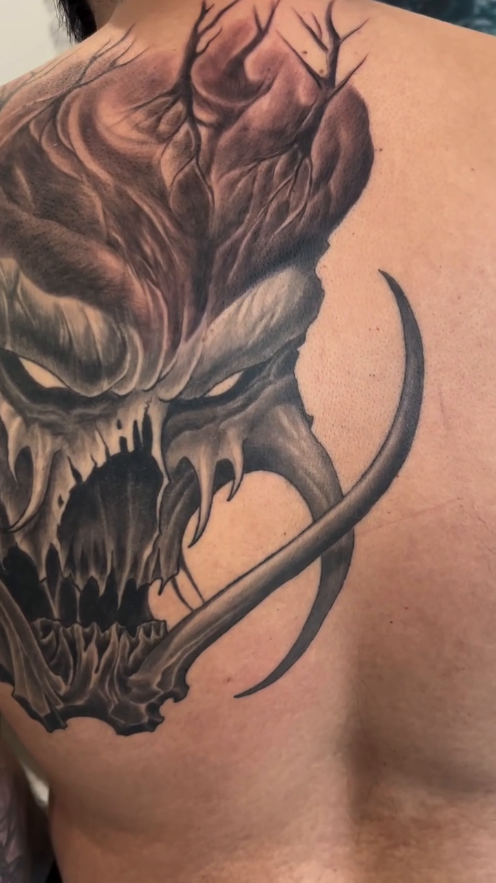 Demonic creature dark realism tattoo by Marvin Silva