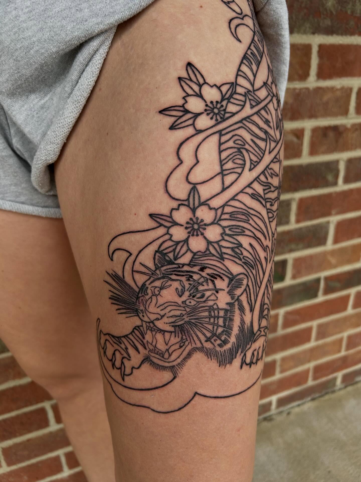 Tiger and flowers japanese irezumi tattoo on the thigh by Shayna Soderstrom, Columbus, Ohio