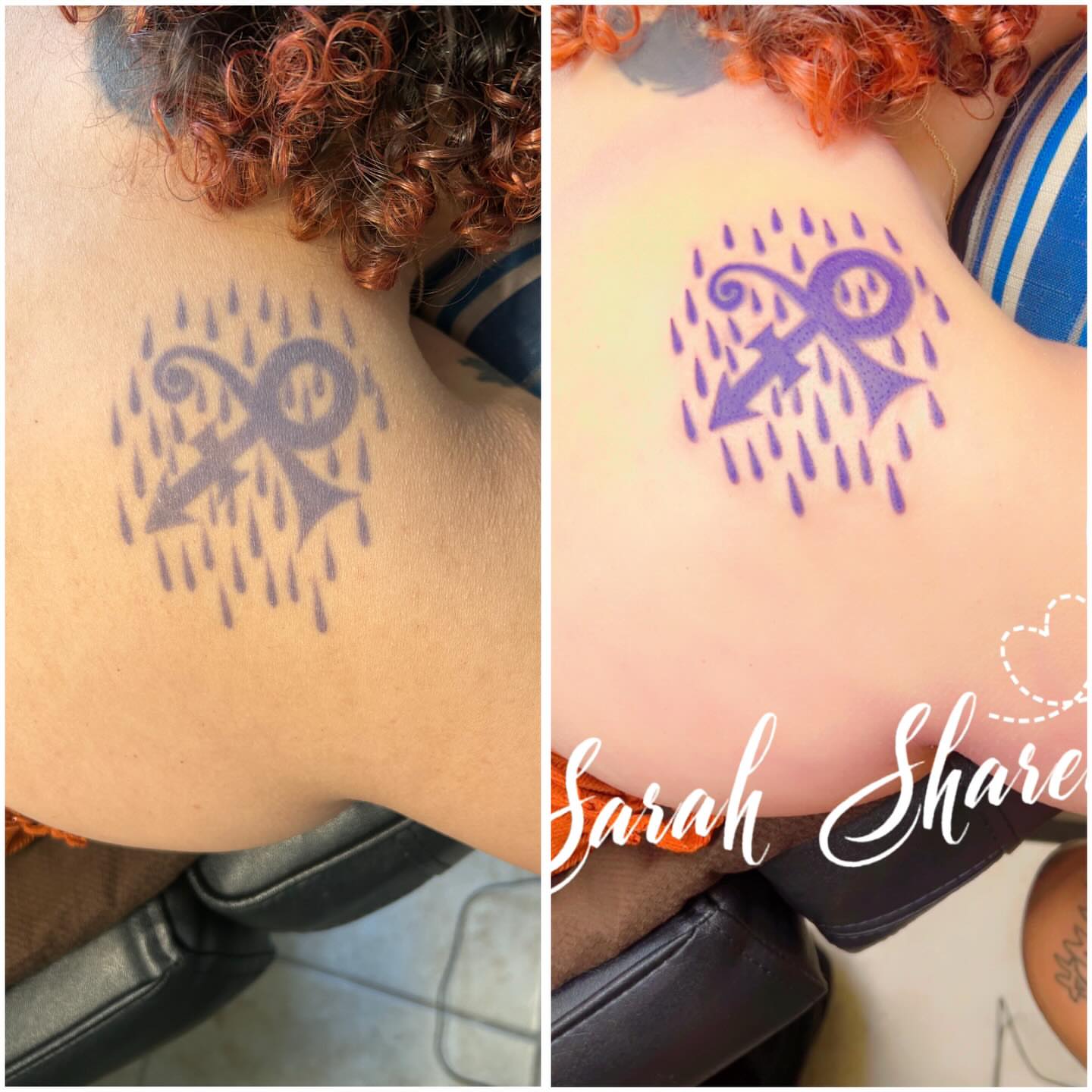 Purple ribbon with raindrops dotwork tattoo on the back by Sarah Sharee💃🏽