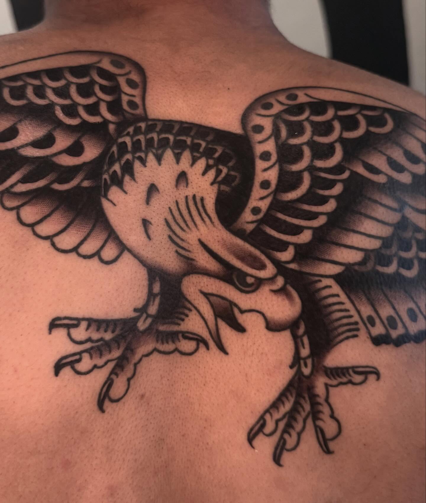 Eagle black and grey tattoo on the back by Cory Allen